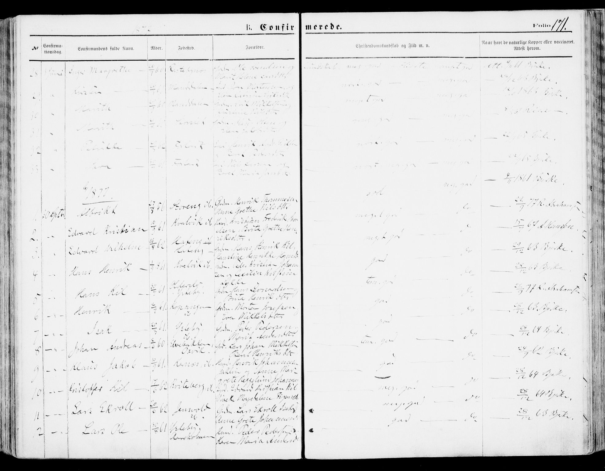 Lyngen sokneprestembete, AV/SATØ-S-1289/H/He/Hea/L0006kirke: Parish register (official) no. 6, 1870-1878, p. 171