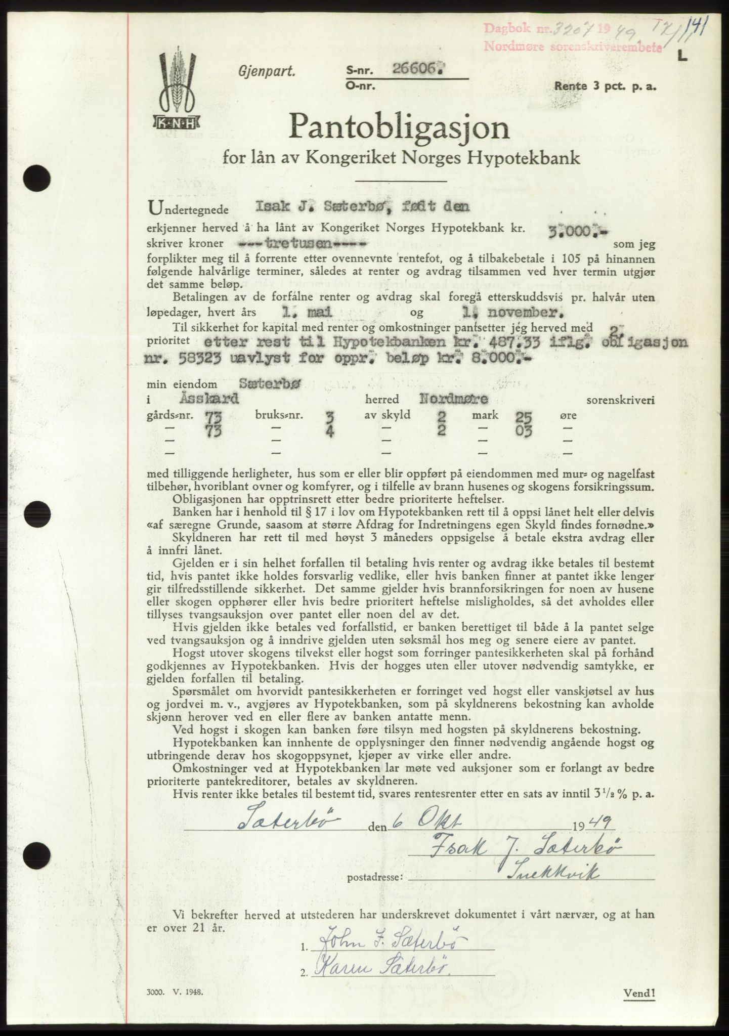 Nordmøre sorenskriveri, AV/SAT-A-4132/1/2/2Ca: Mortgage book no. B103, 1949-1950, Diary no: : 3207/1949