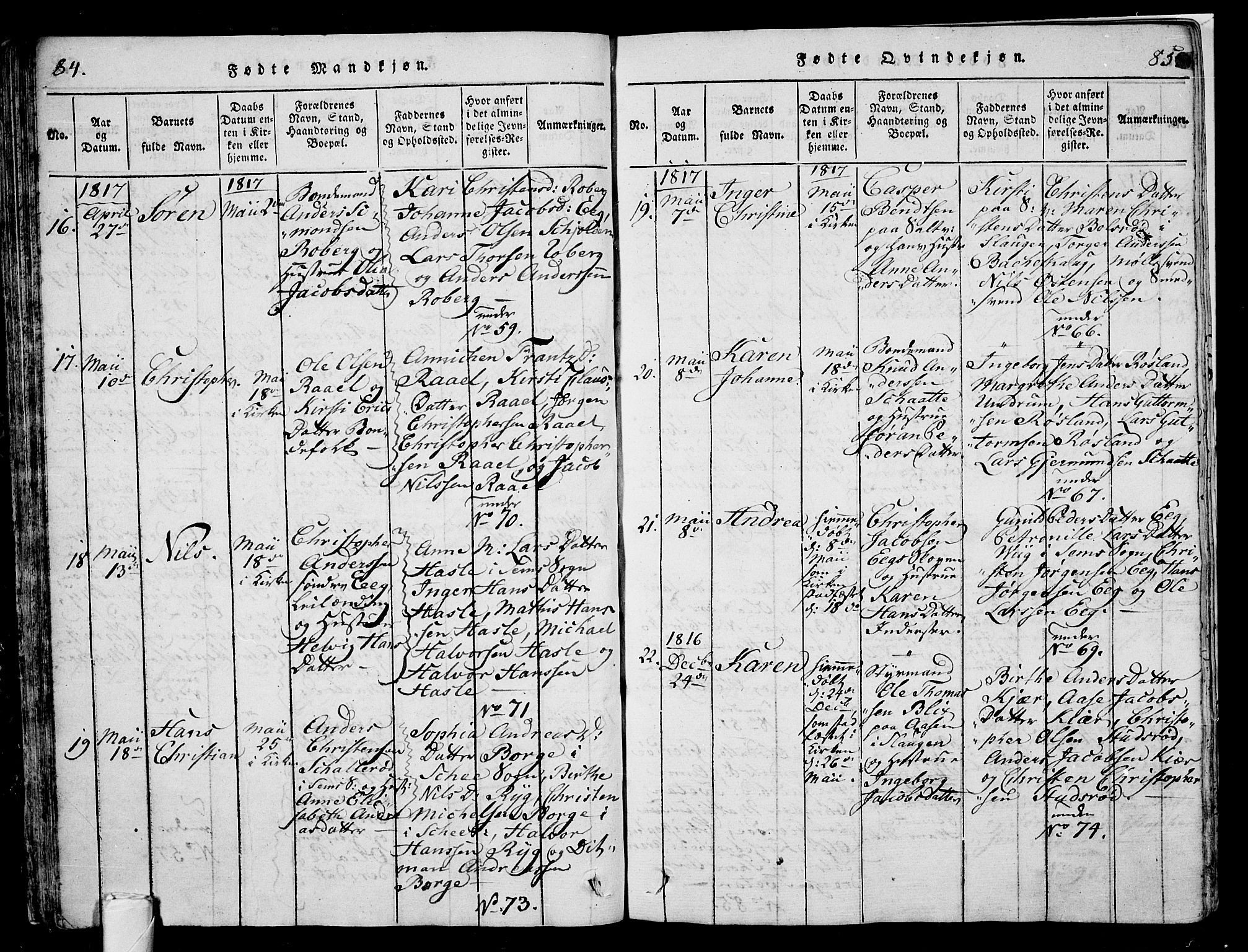 Sem kirkebøker, AV/SAKO-A-5/G/Ga/L0001: Parish register (copy) no. I 1, 1814-1825, p. 84-85