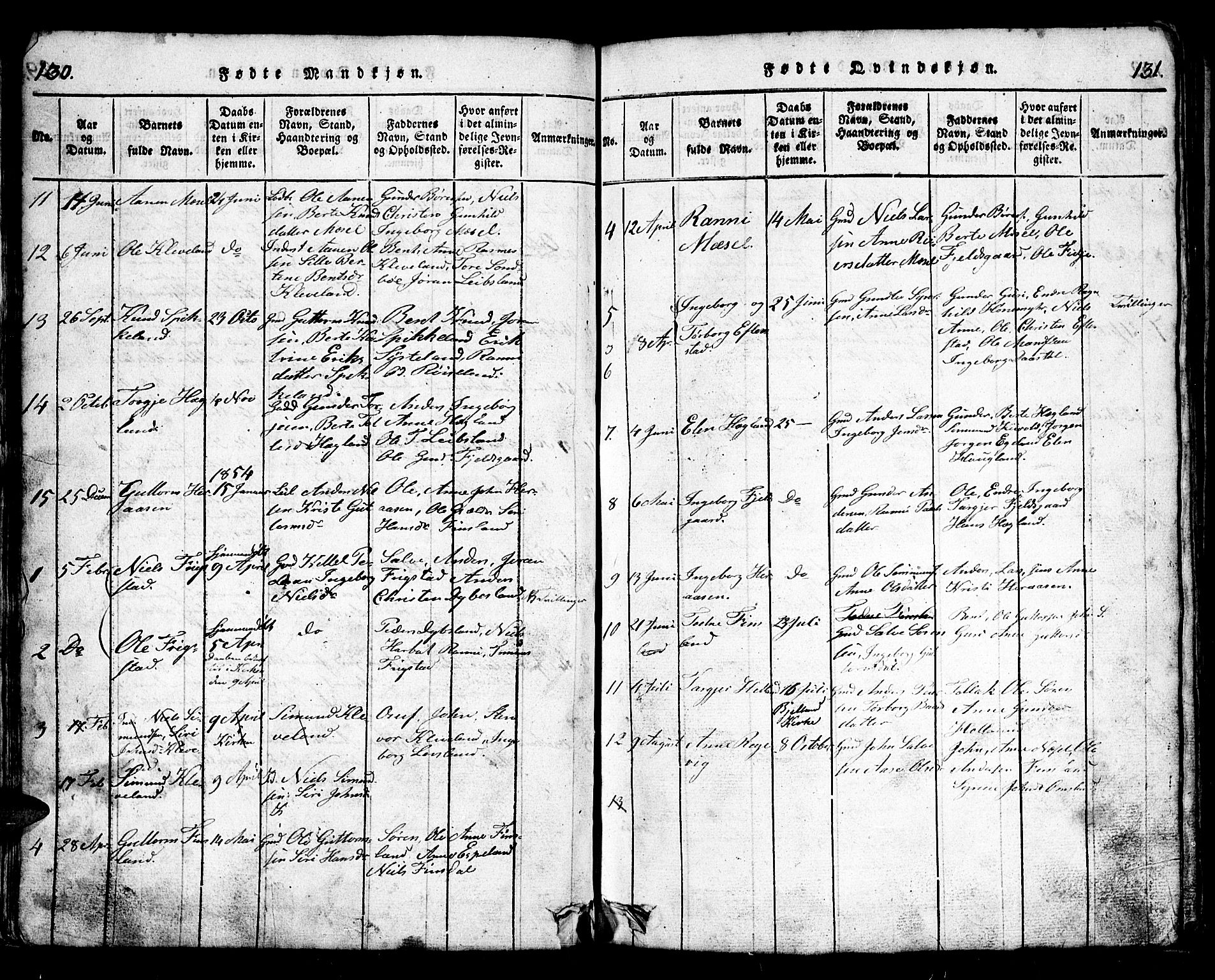 Bjelland sokneprestkontor, SAK/1111-0005/F/Fb/Fbb/L0003: Parish register (copy) no. B 3, 1816-1868, p. 130-131