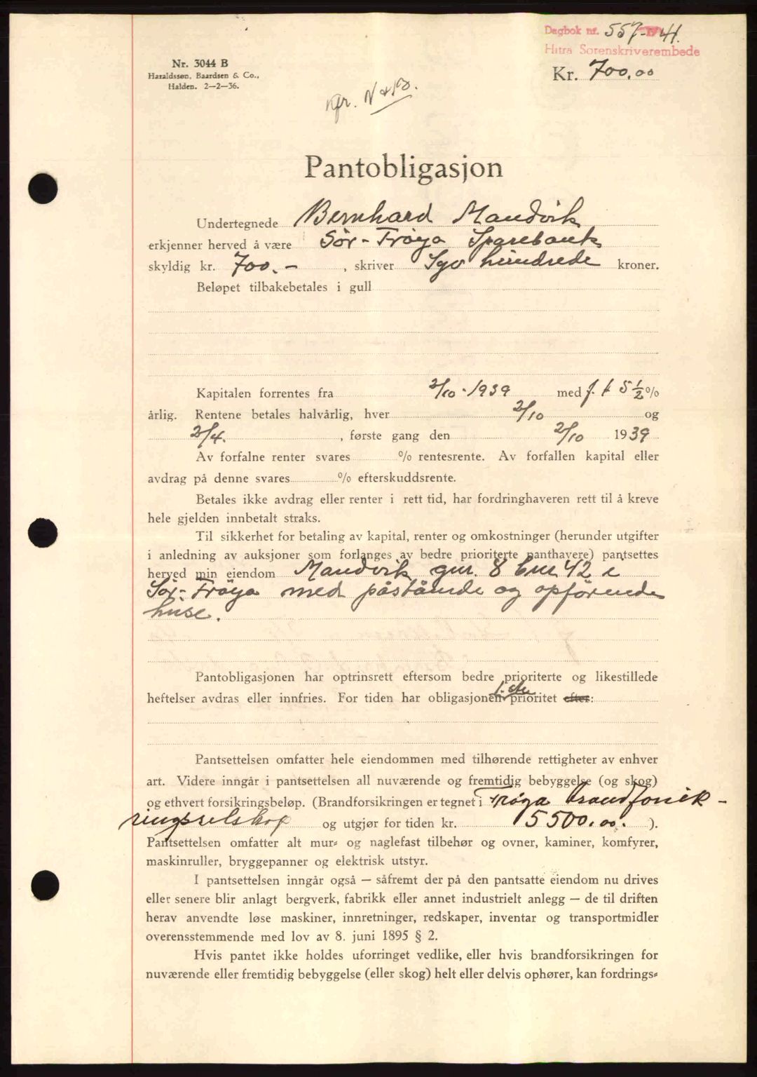 Hitra sorenskriveri, AV/SAT-A-0018/2/2C/2Ca: Mortgage book no. B1, 1939-1949, Diary no: : 557/1941