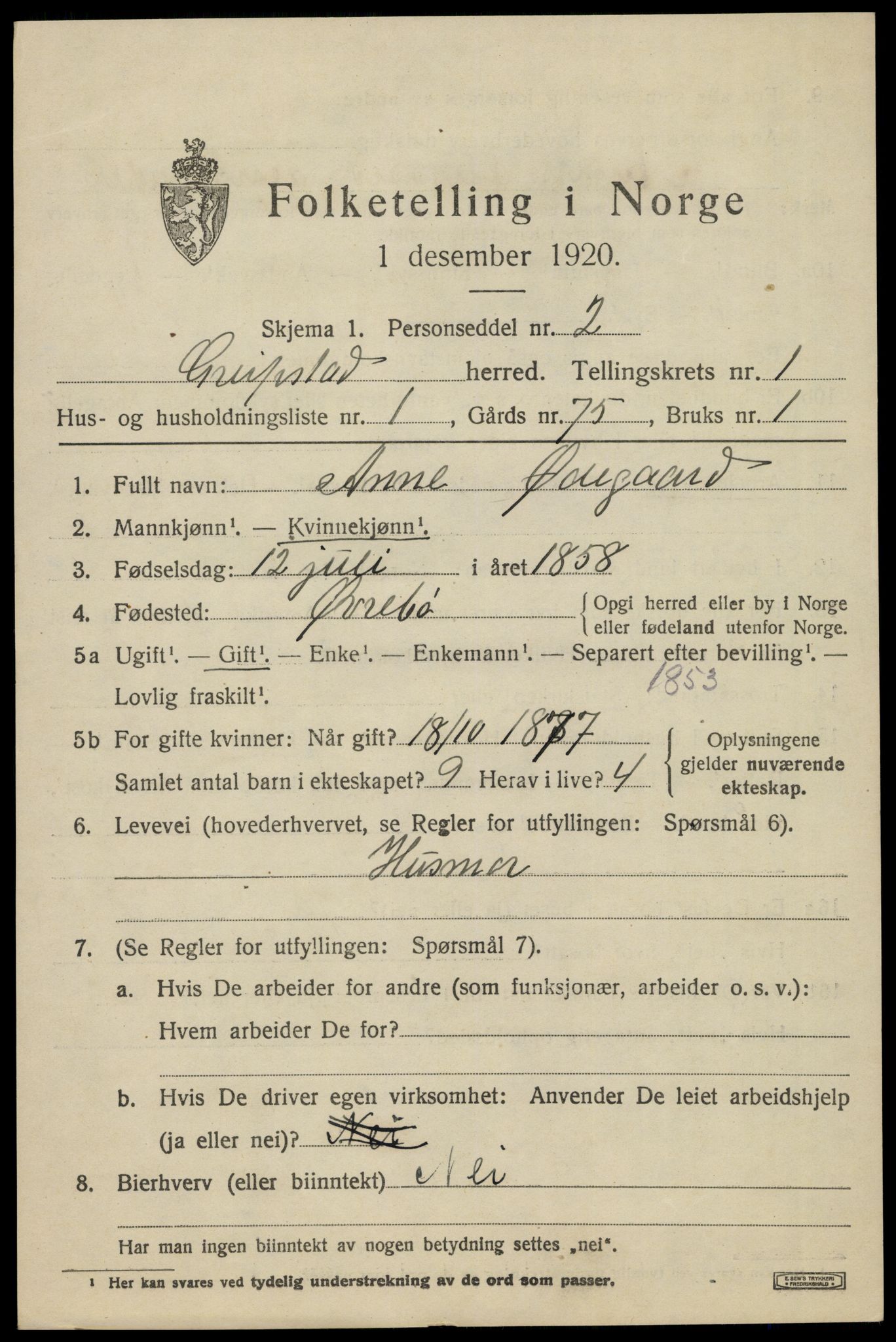 SAK, 1920 census for Greipstad, 1920, p. 428