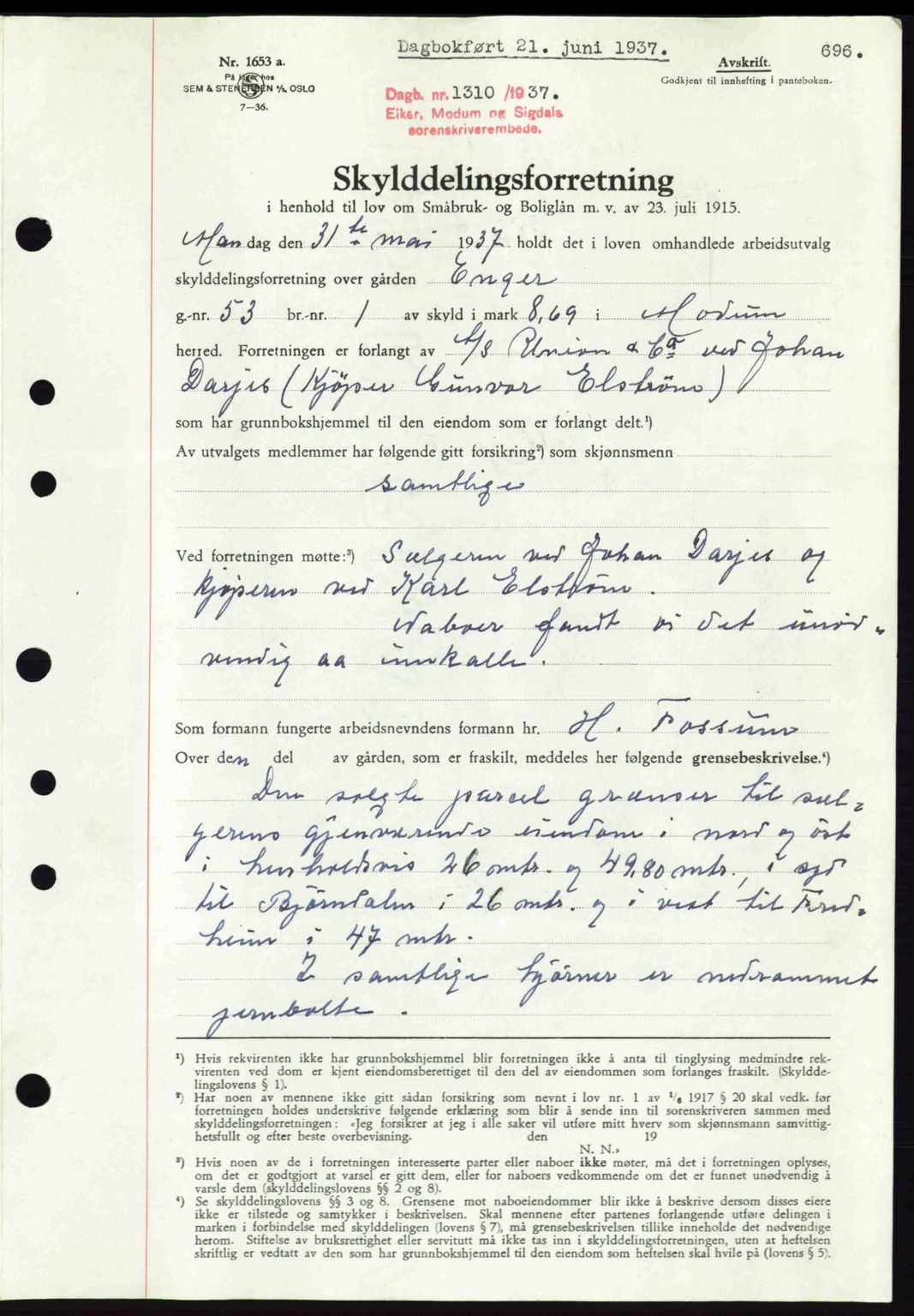 Eiker, Modum og Sigdal sorenskriveri, SAKO/A-123/G/Ga/Gab/L0035: Mortgage book no. A5, 1937-1937, Diary no: : 1310/1937
