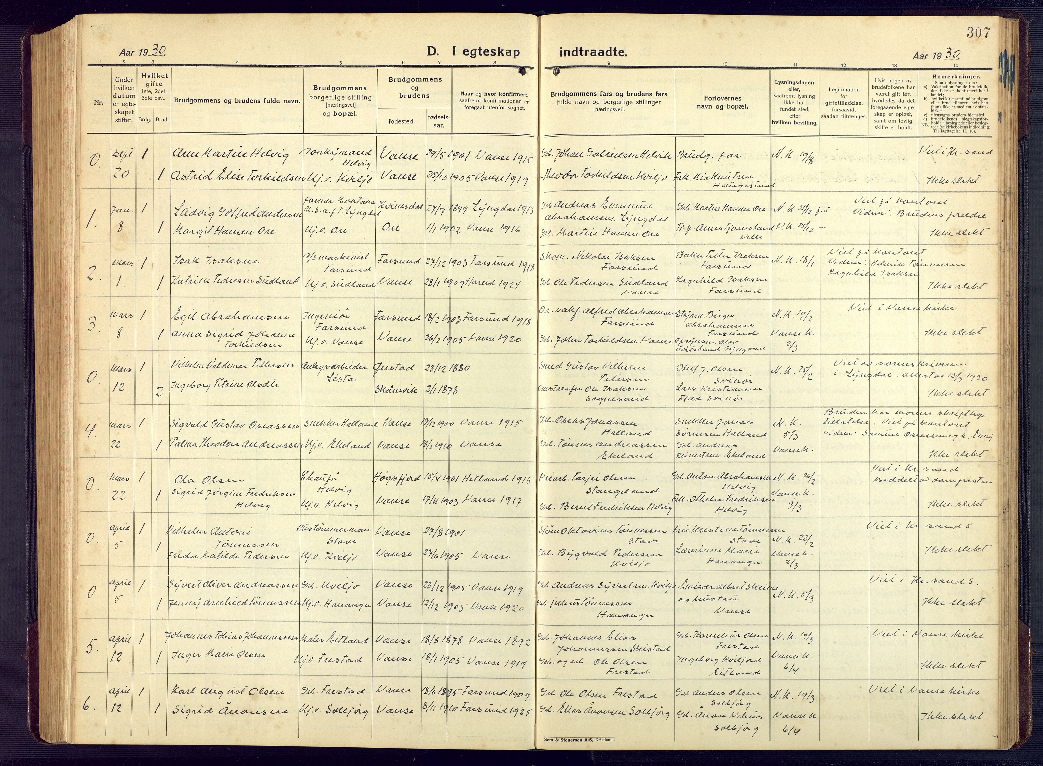 Lista sokneprestkontor, AV/SAK-1111-0027/F/Fb/L0006: Parish register (copy) no. B 6, 1924-1947, p. 307