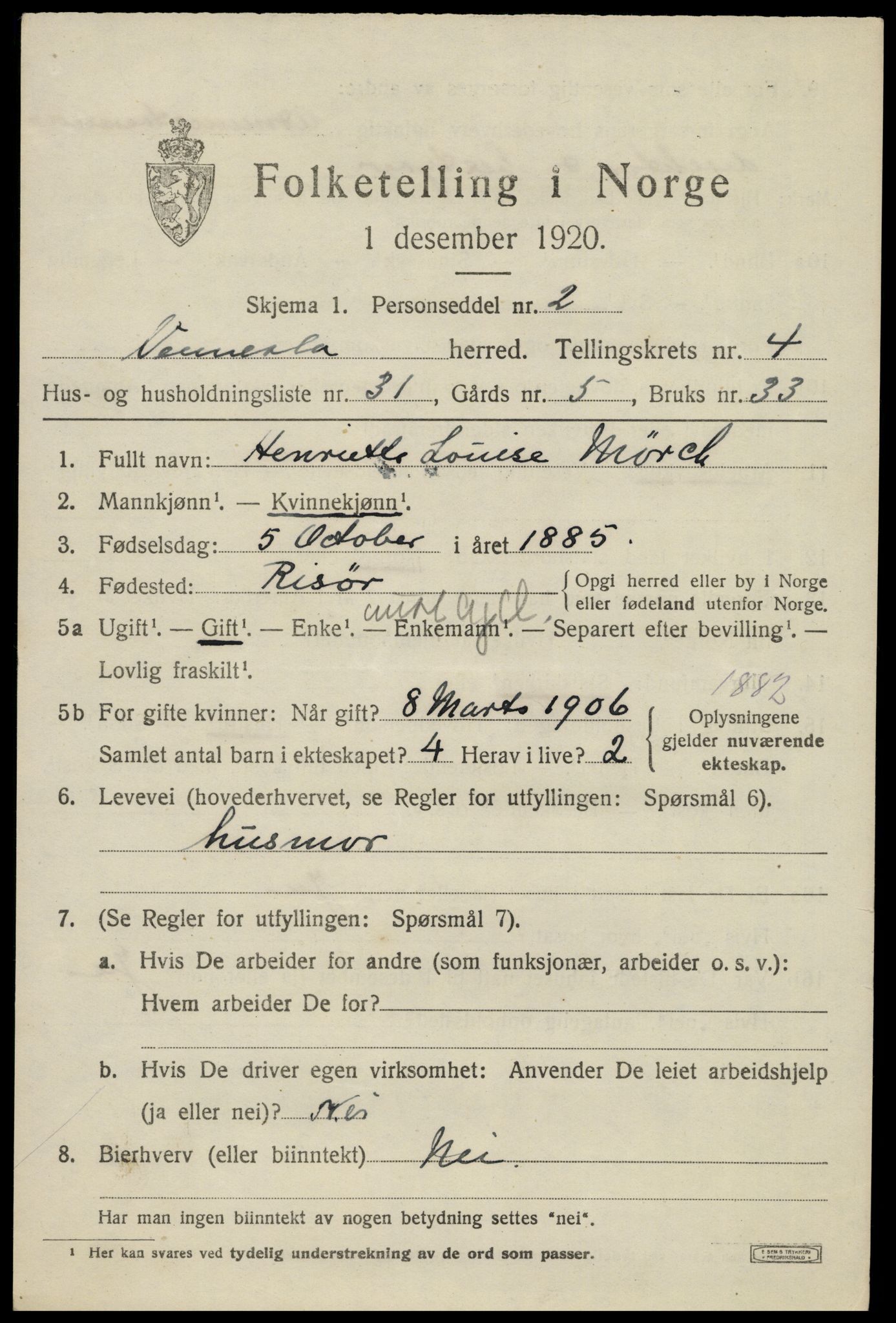 SAK, 1920 census for Vennesla, 1920, p. 3226