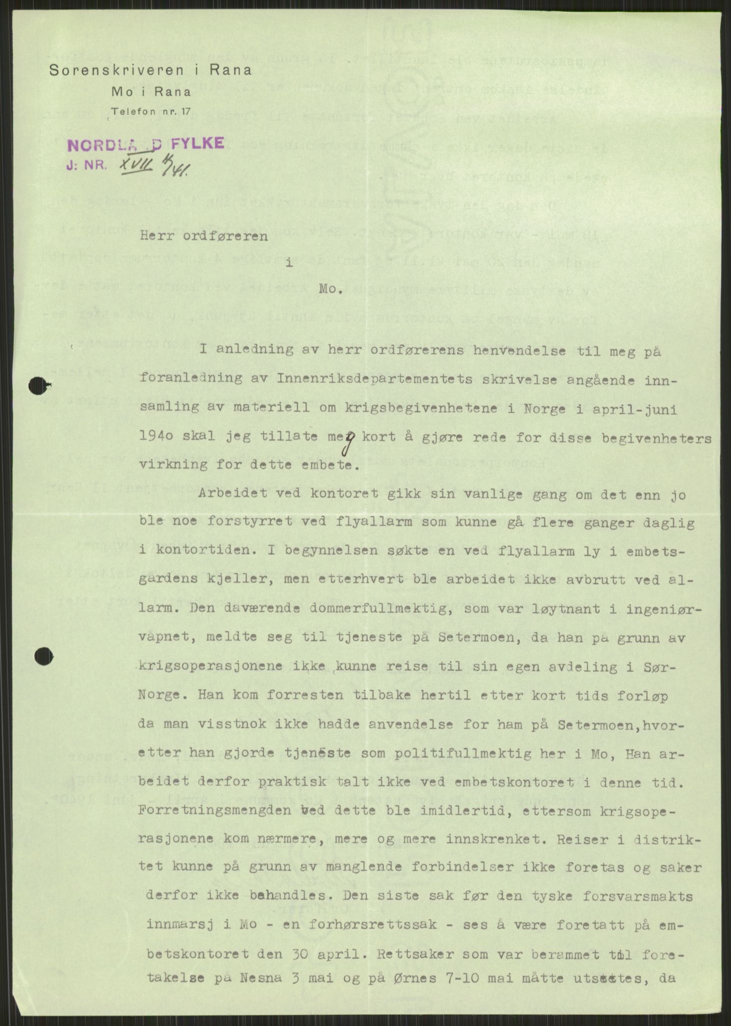 Forsvaret, Forsvarets krigshistoriske avdeling, RA/RAFA-2017/Y/Ya/L0017: II-C-11-31 - Fylkesmenn.  Rapporter om krigsbegivenhetene 1940., 1940, p. 196