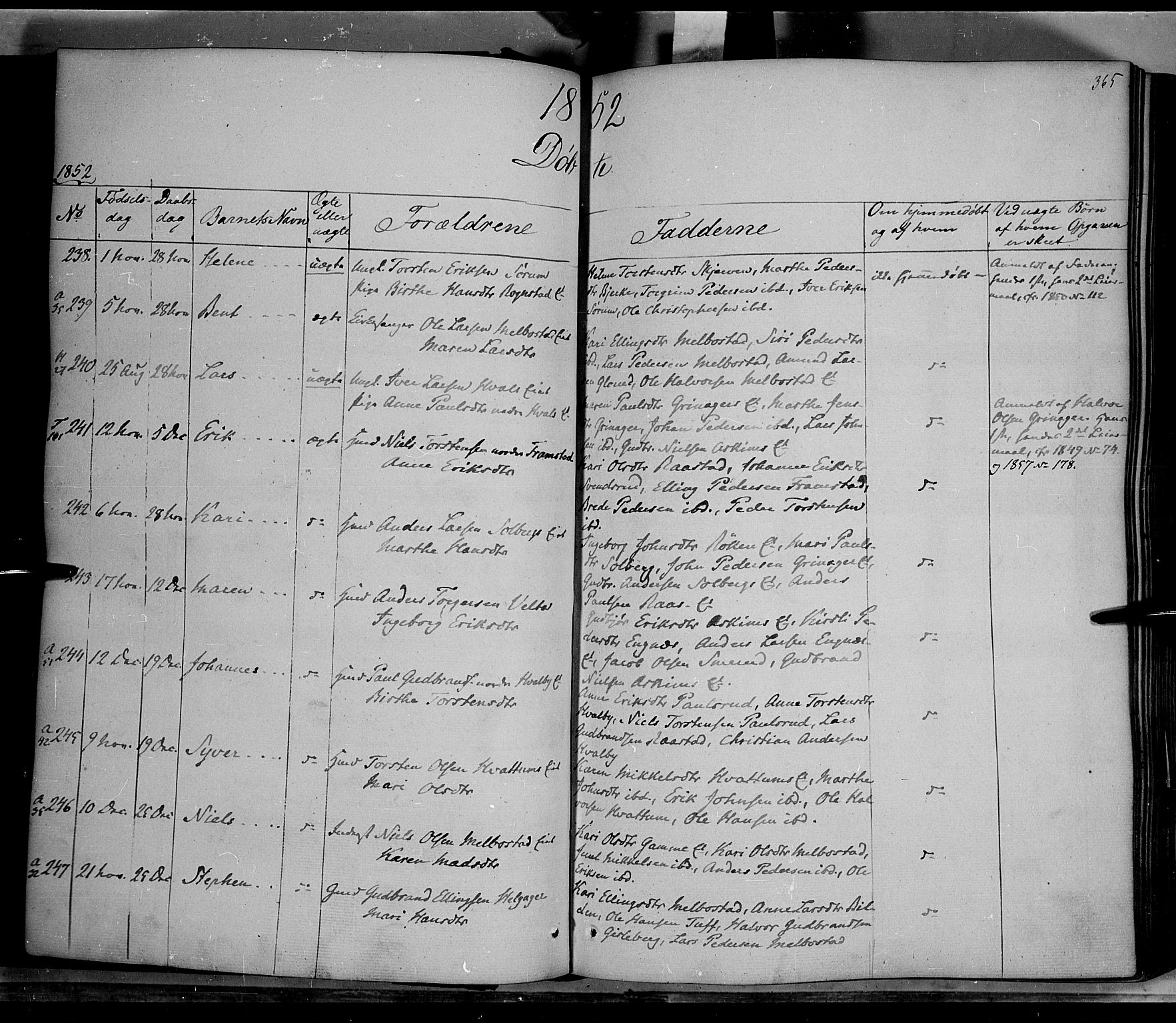 Gran prestekontor, AV/SAH-PREST-112/H/Ha/Haa/L0011: Parish register (official) no. 11, 1842-1856, p. 364-365