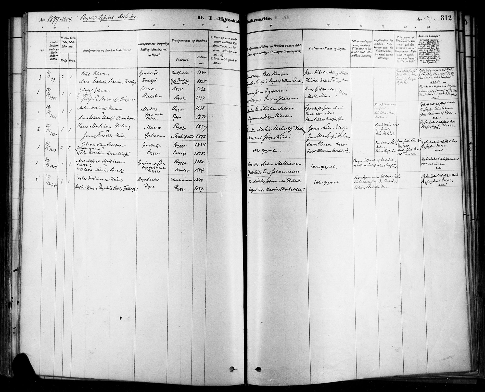 Rygge prestekontor Kirkebøker, SAO/A-10084b/F/Fa/L0007: Parish register (official) no. 7, 1878-1904, p. 312