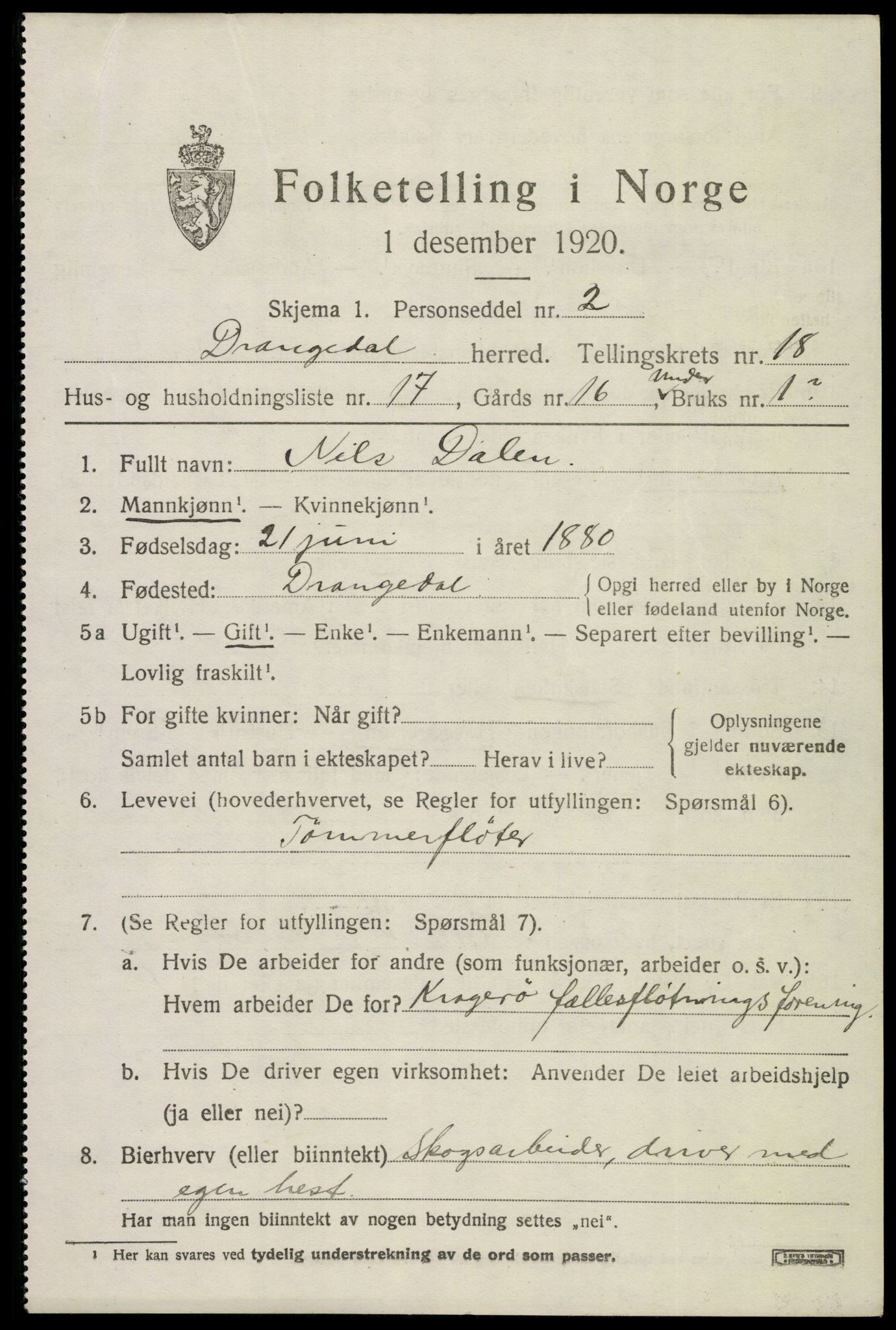 SAKO, 1920 census for Drangedal, 1920, p. 8469