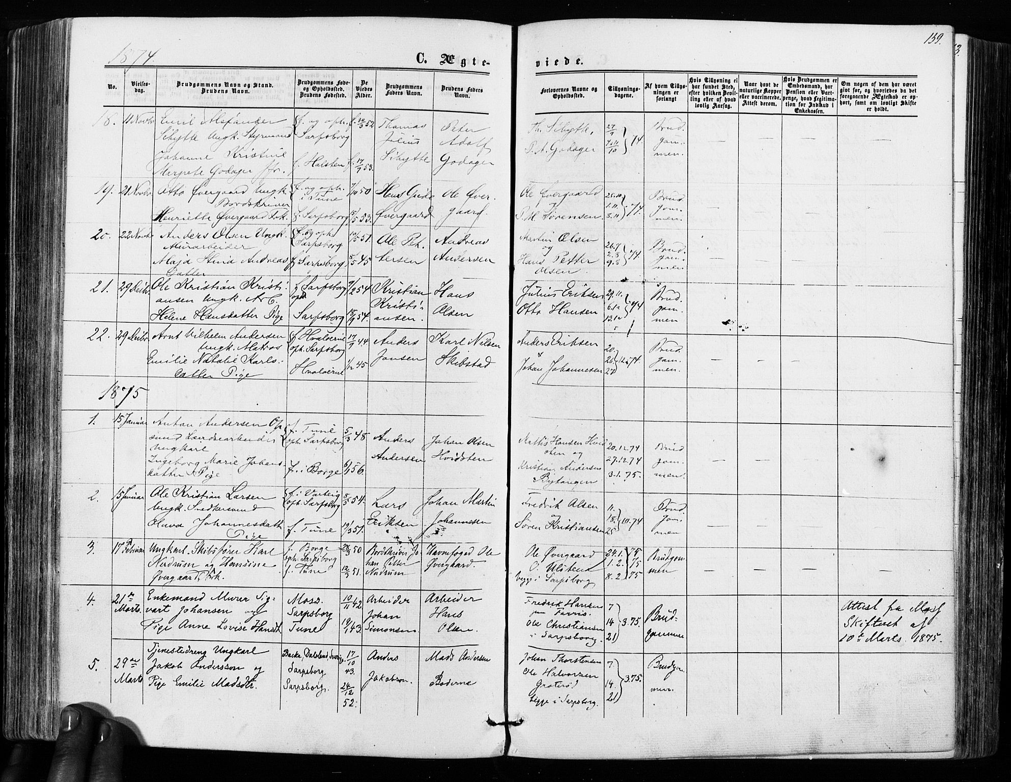 Sarpsborg prestekontor Kirkebøker, SAO/A-2006/F/Fa/L0002: Parish register (official) no. 2, 1869-1877, p. 159