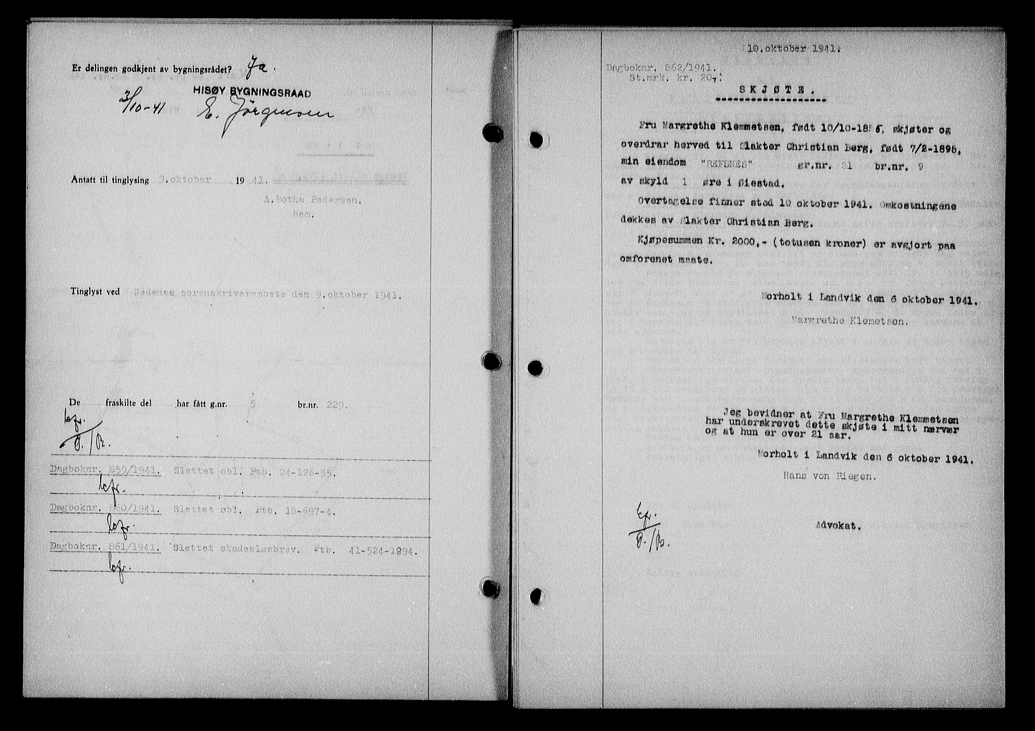 Nedenes sorenskriveri, AV/SAK-1221-0006/G/Gb/Gba/L0048: Mortgage book no. A-II, 1940-1941, Diary no: : 862/1941