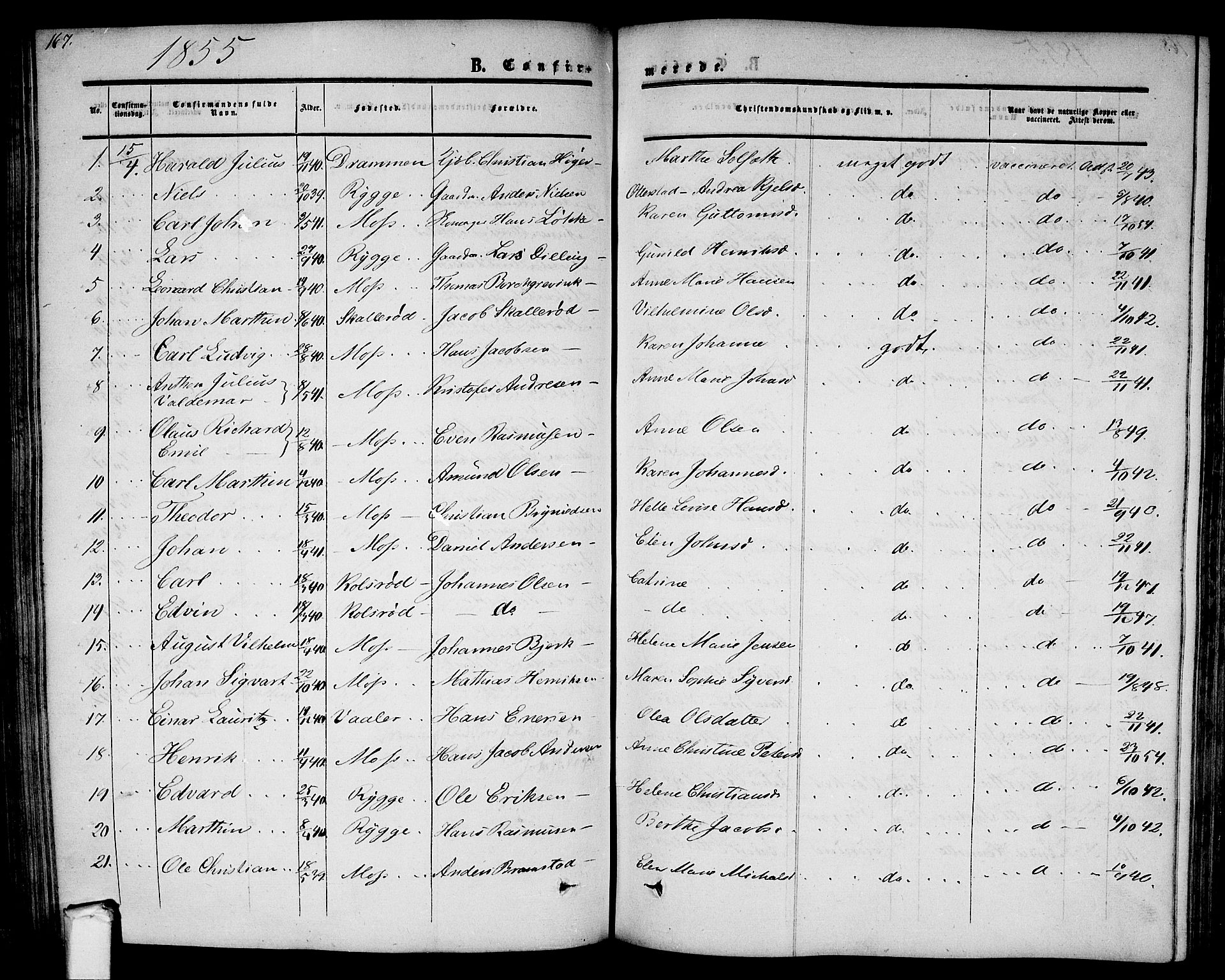 Moss prestekontor Kirkebøker, AV/SAO-A-2003/G/Ga/L0002: Parish register (copy) no. I 2, 1852-1871, p. 167
