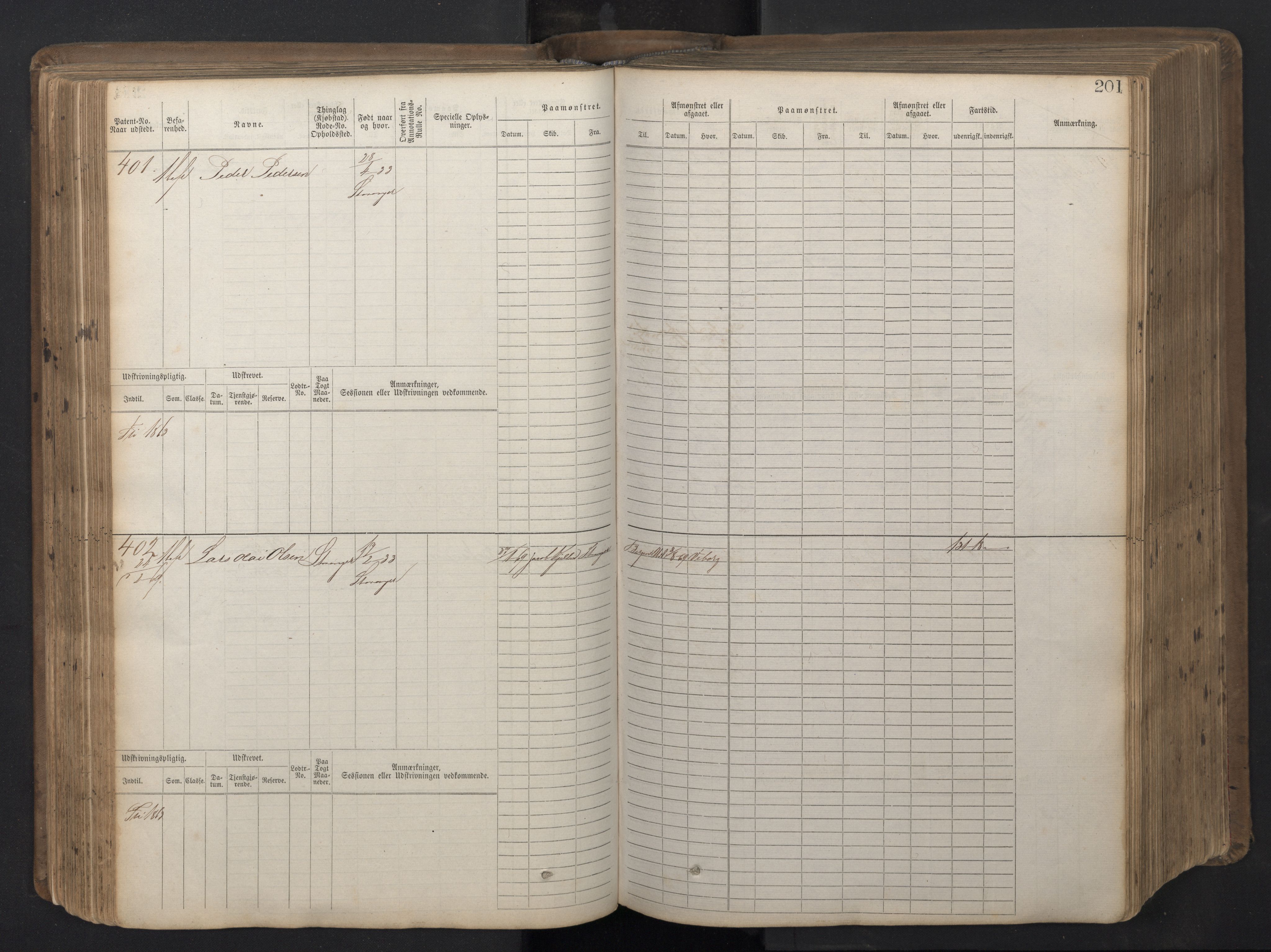 Stavanger sjømannskontor, AV/SAST-A-102006/F/Fb/Fbb/L0016: Sjøfartshovedrulle patnentnr. 1-1202 (dublett), 1869, p. 201