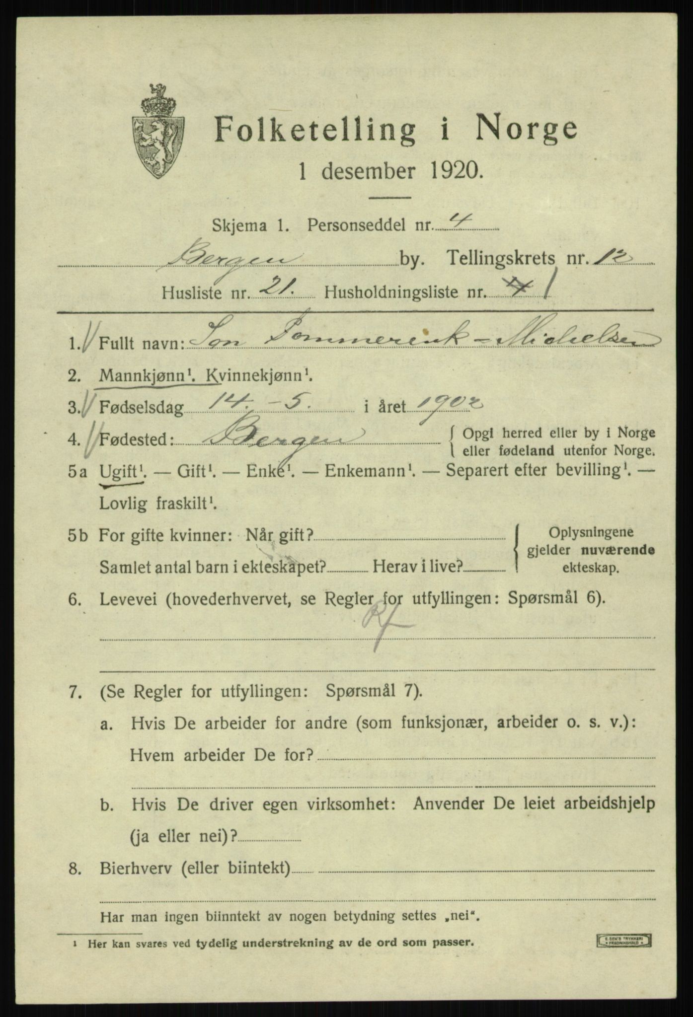 SAB, 1920 census for Bergen, 1920, p. 74288