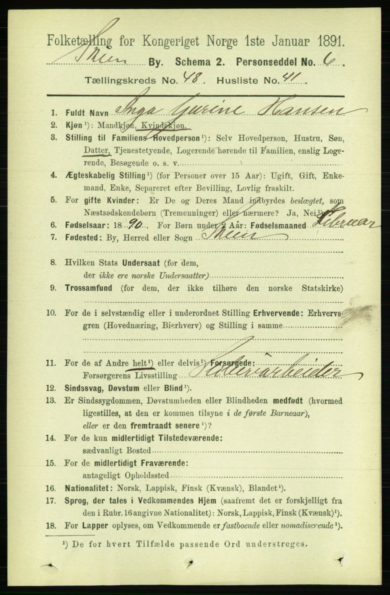 RA, 1891 census for 0806 Skien, 1891, p. 10164