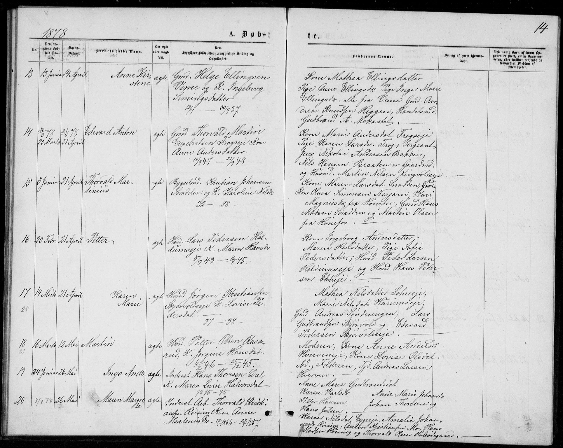 Norderhov kirkebøker, AV/SAKO-A-237/G/Ga/L0007: Parish register (copy) no. I 7, 1877-1887, p. 14