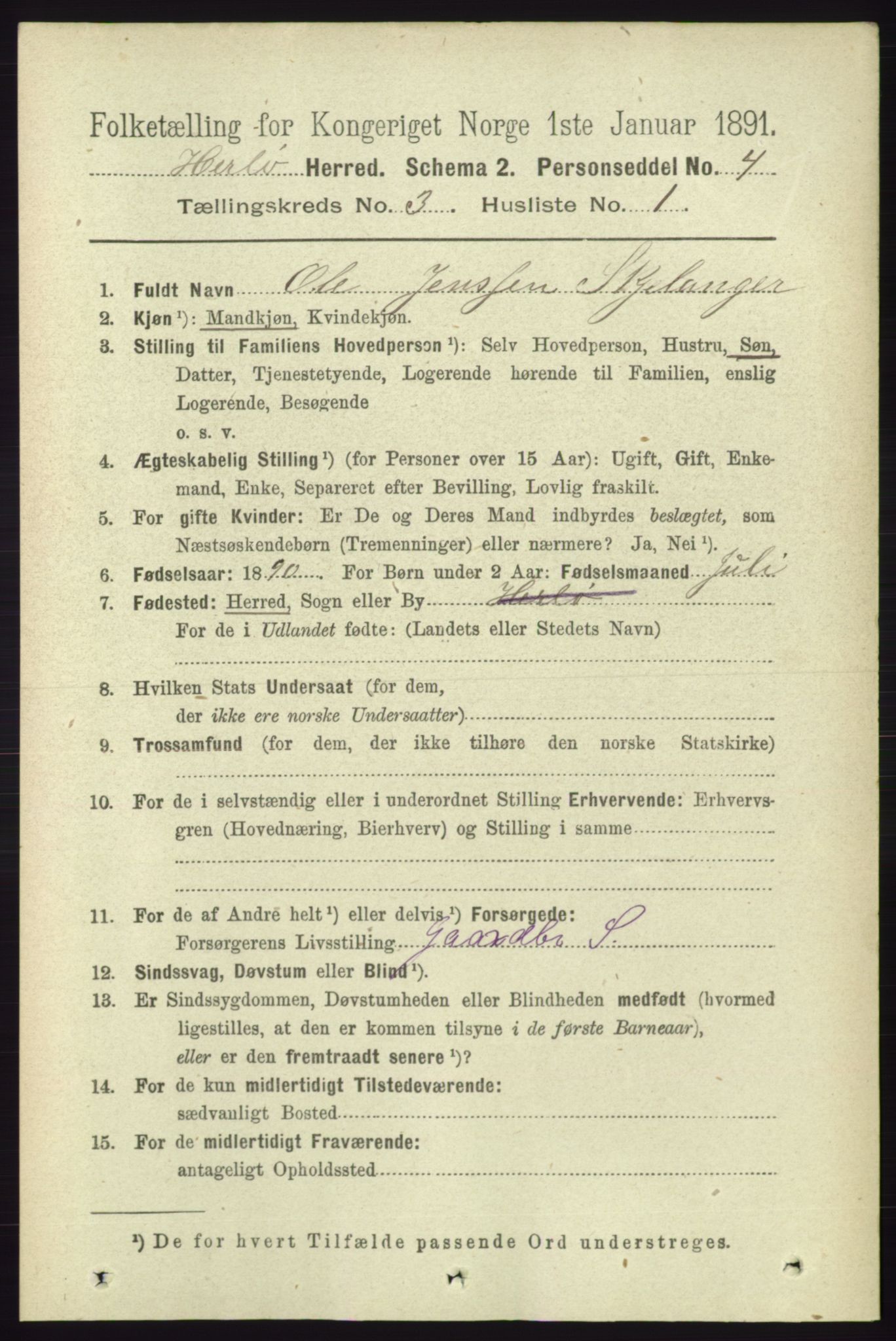 RA, 1891 census for 1258 Herdla, 1891, p. 1085