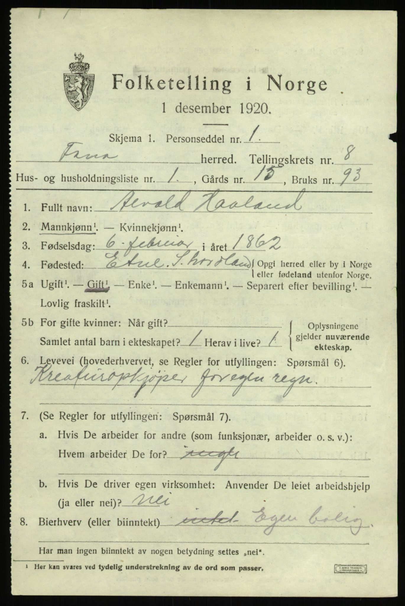 SAB, 1920 census for Fana, 1920, p. 13449