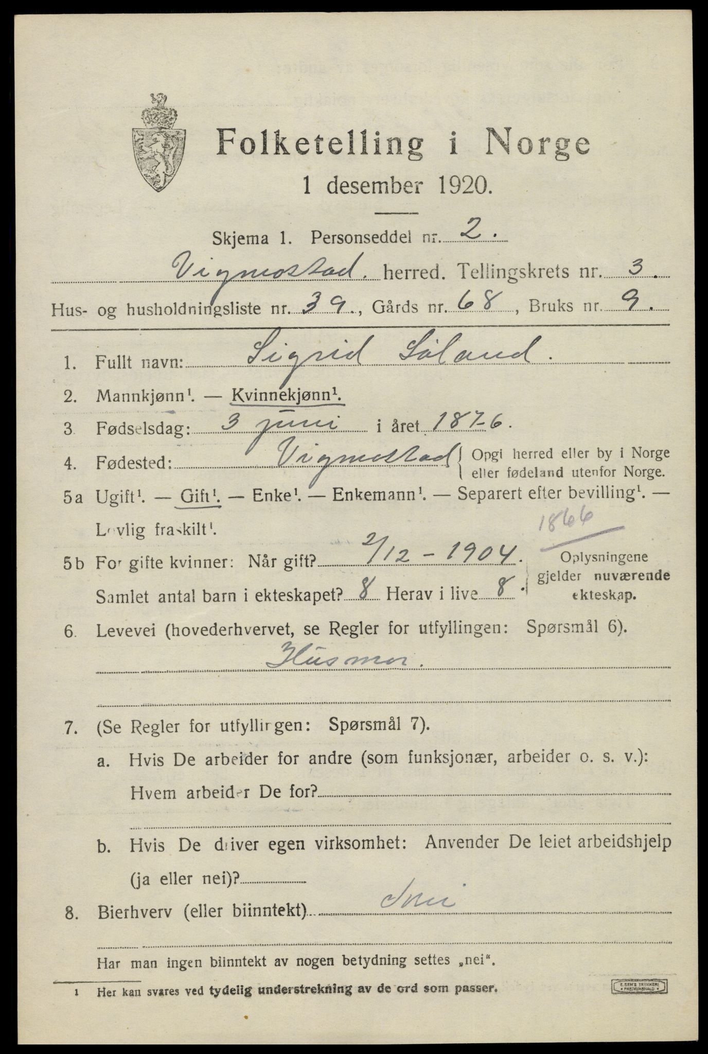 SAK, 1920 census for Vigmostad, 1920, p. 1137