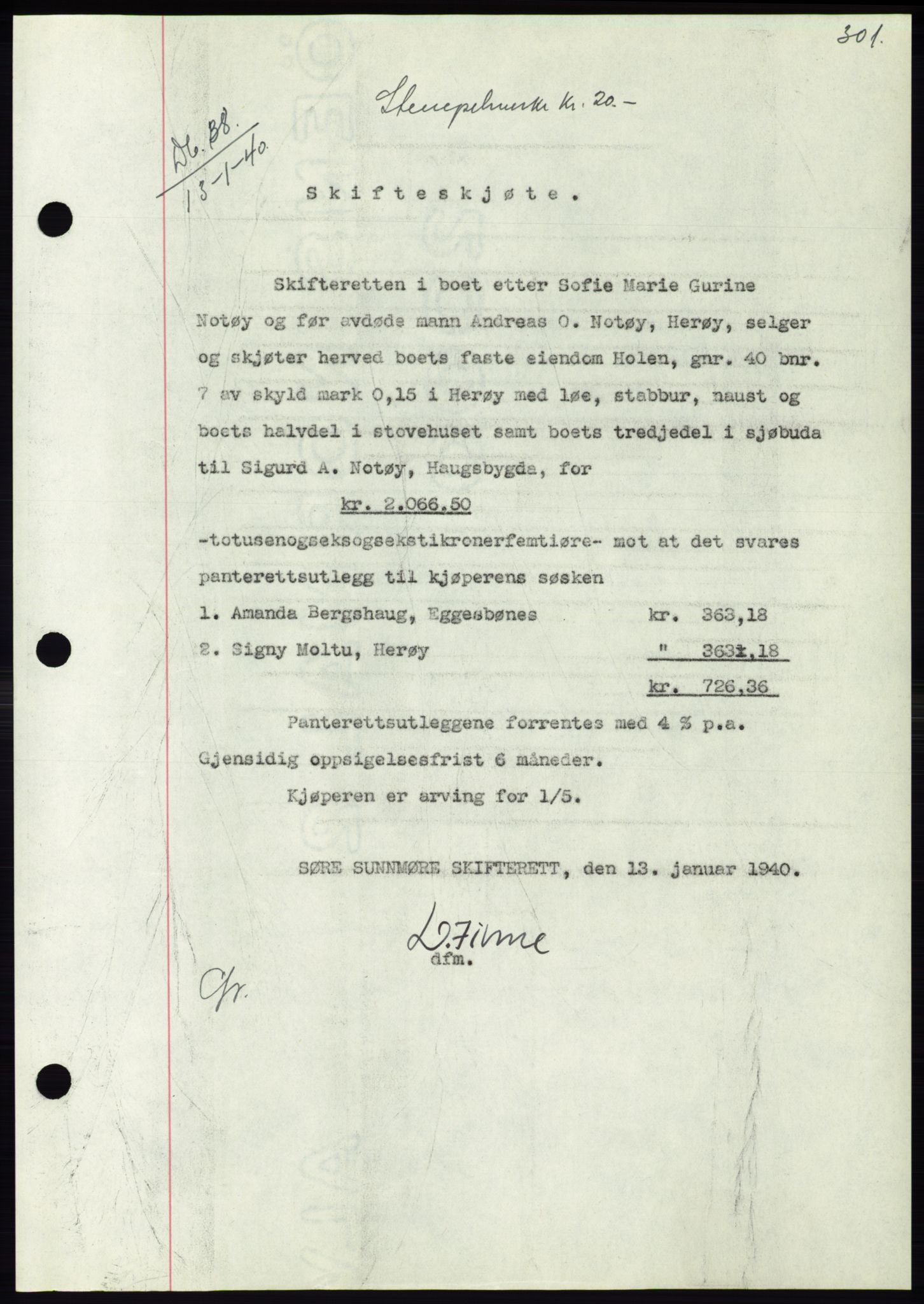 Søre Sunnmøre sorenskriveri, AV/SAT-A-4122/1/2/2C/L0069: Mortgage book no. 63, 1939-1940, Diary no: : 38/1940