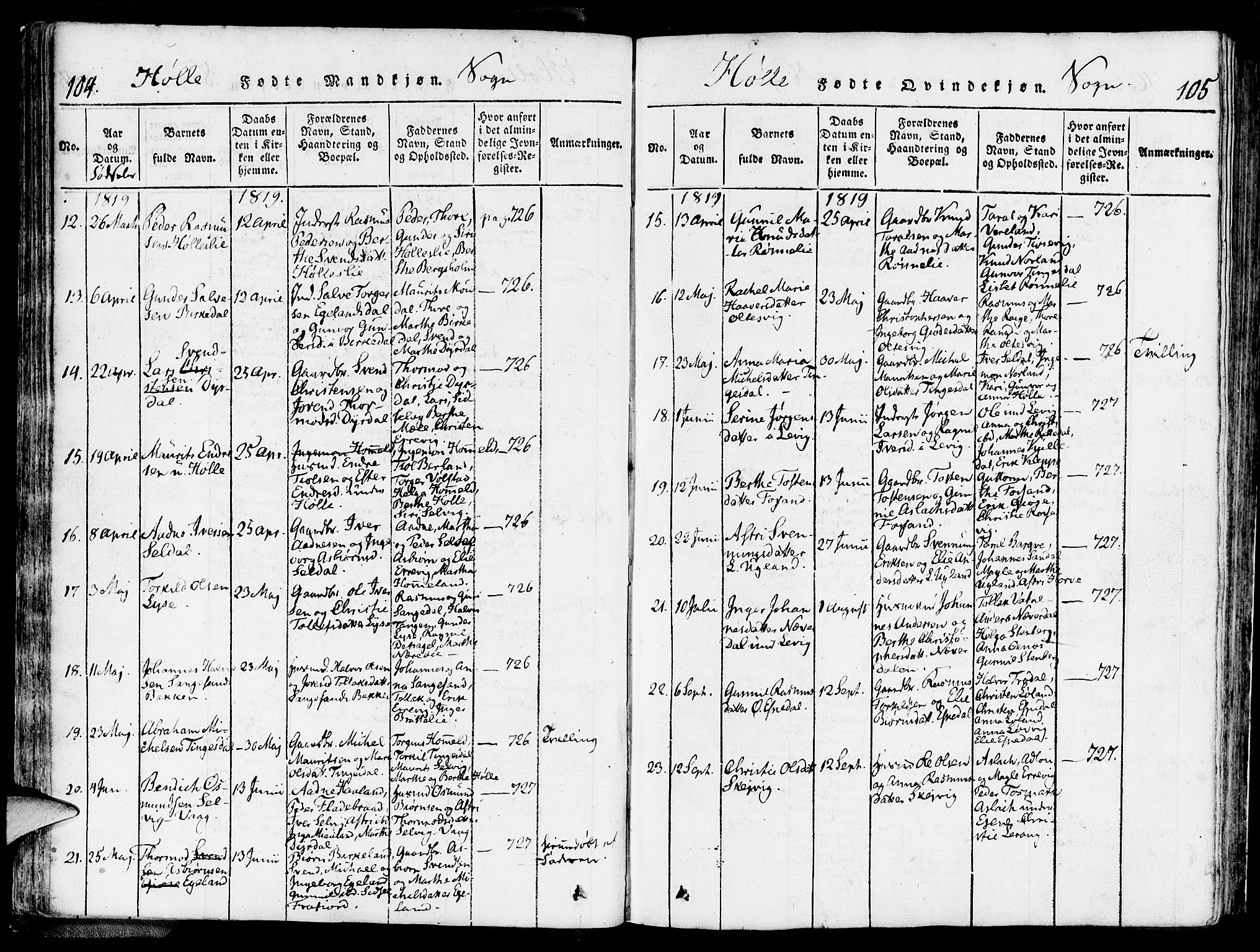 Strand sokneprestkontor, SAST/A-101828/H/Ha/Haa/L0004: Parish register (official) no. A 4 /2, 1816-1833, p. 104-105