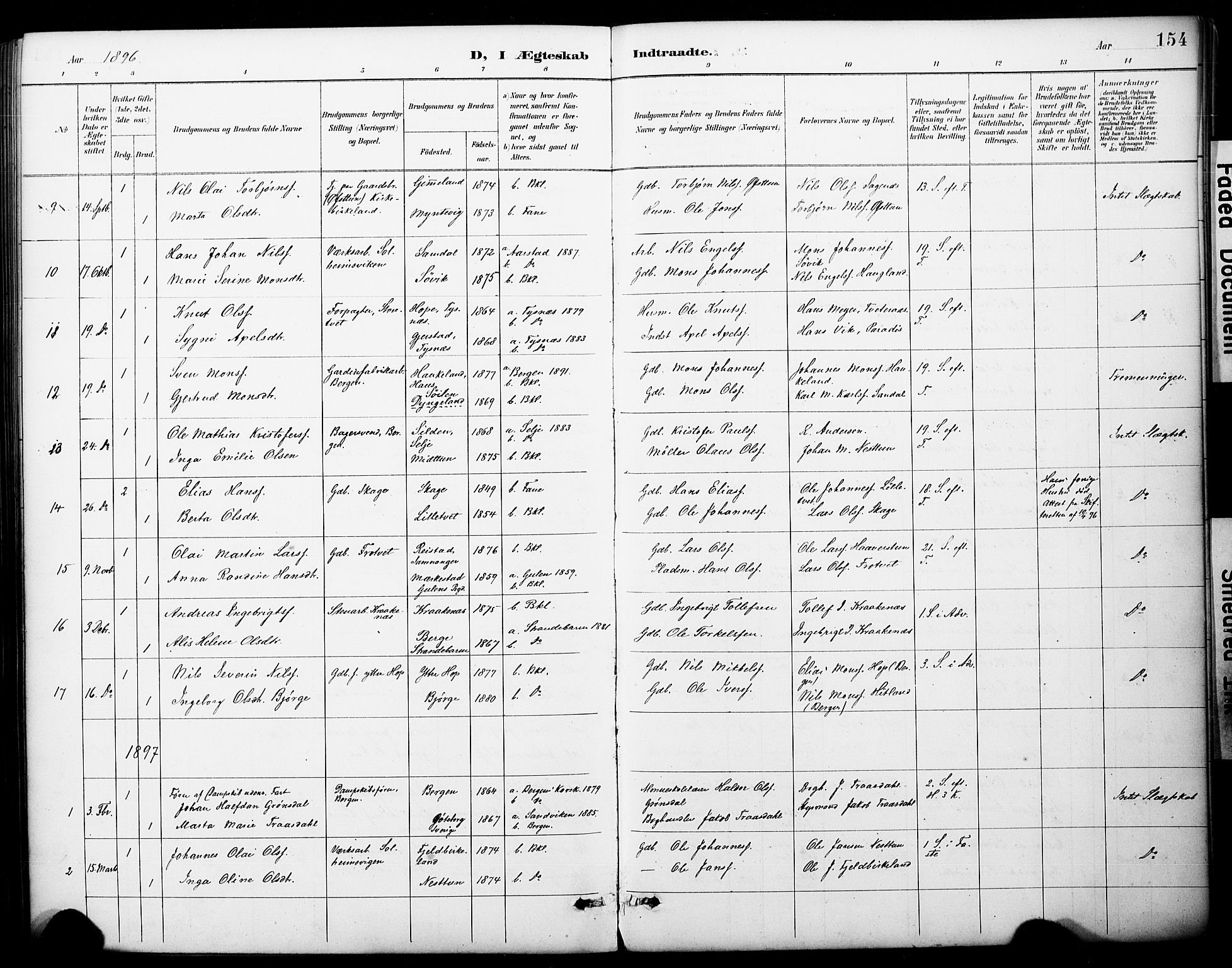 Fana Sokneprestembete, SAB/A-75101/H/Haa/Haai/L0002: Parish register (official) no. I 2, 1888-1899, p. 154