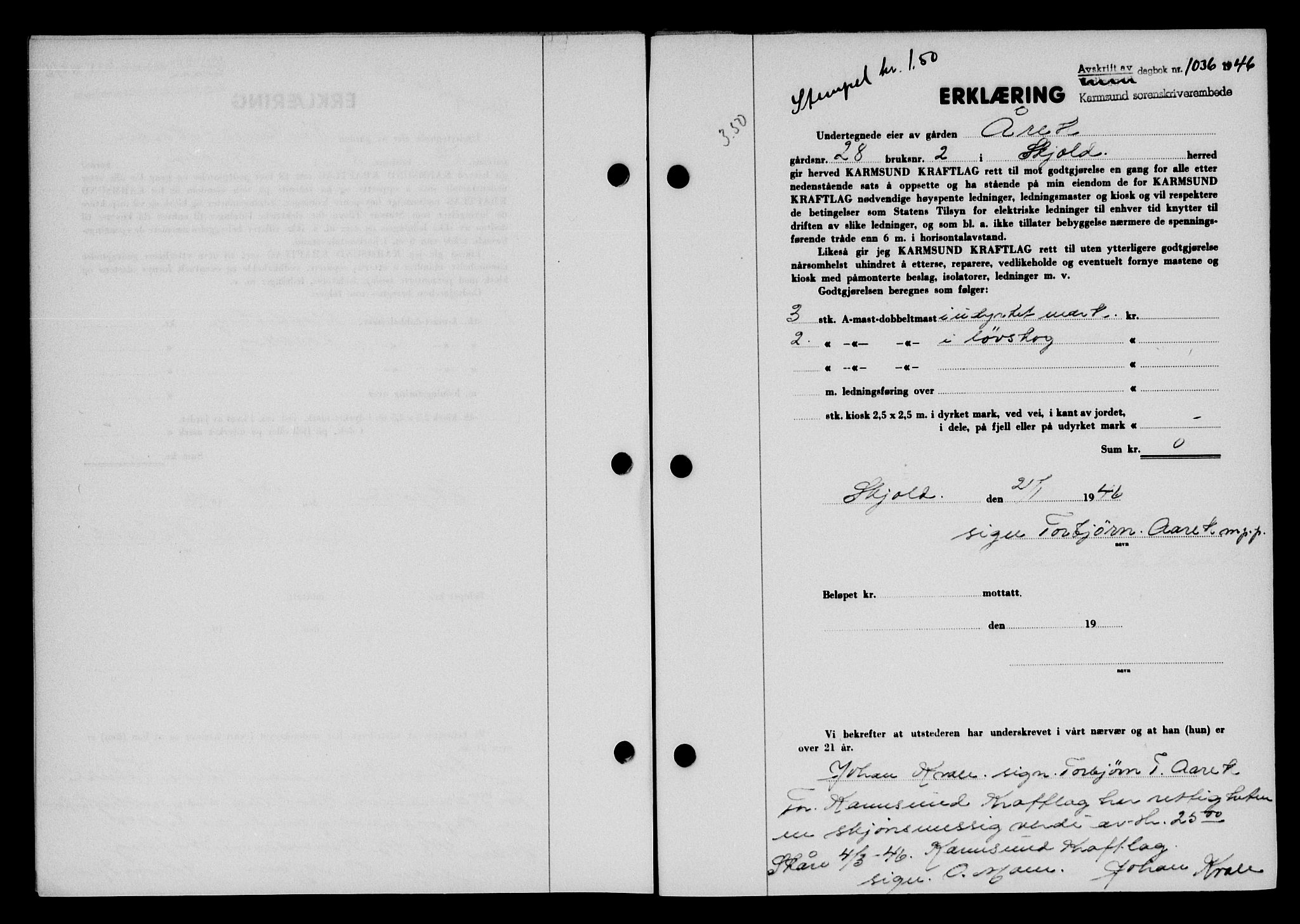Karmsund sorenskriveri, AV/SAST-A-100311/01/II/IIB/L0085: Mortgage book no. 66A, 1946-1946, Diary no: : 1036/1946