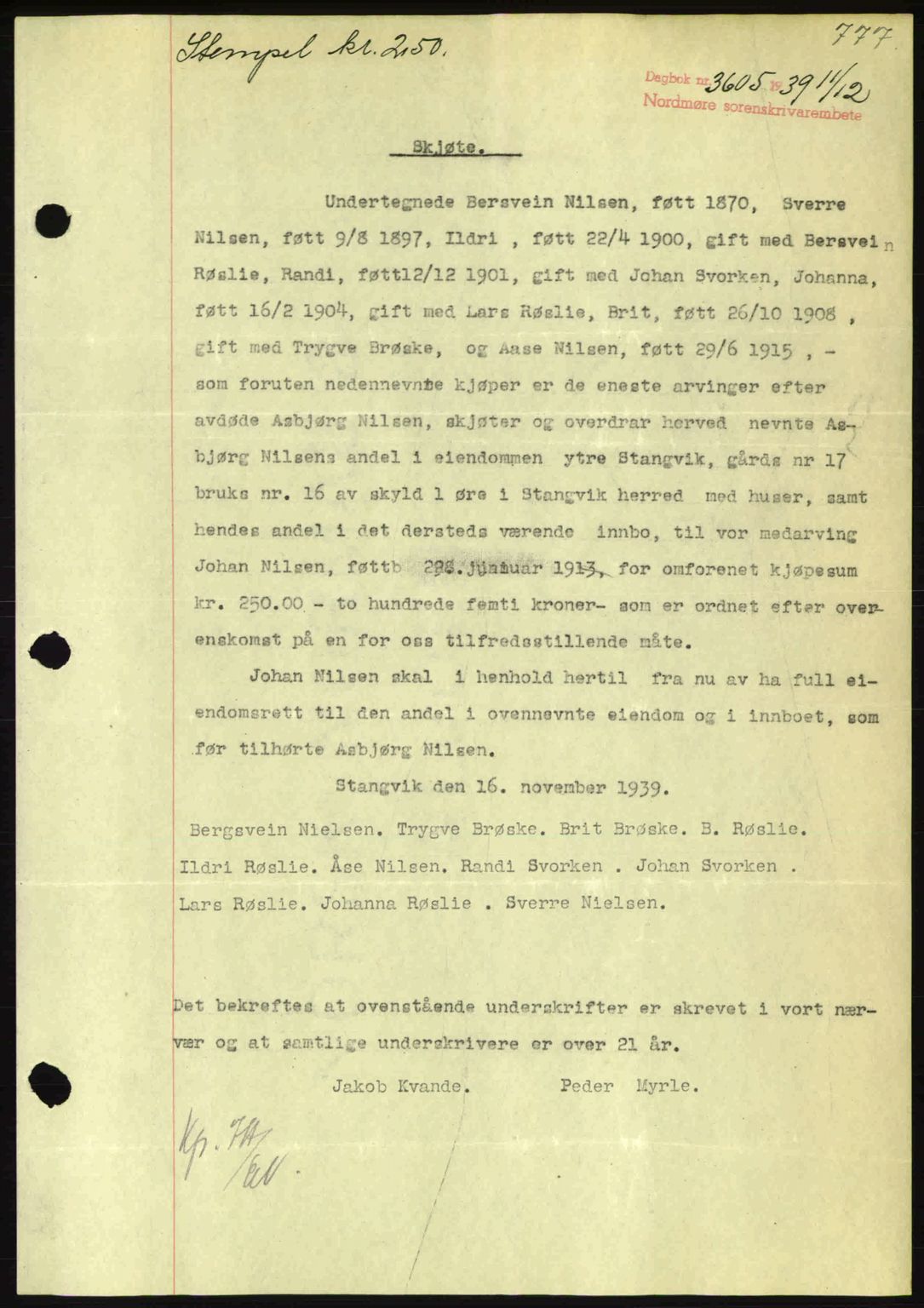 Nordmøre sorenskriveri, AV/SAT-A-4132/1/2/2Ca: Mortgage book no. A87, 1939-1940, Diary no: : 3605/1939