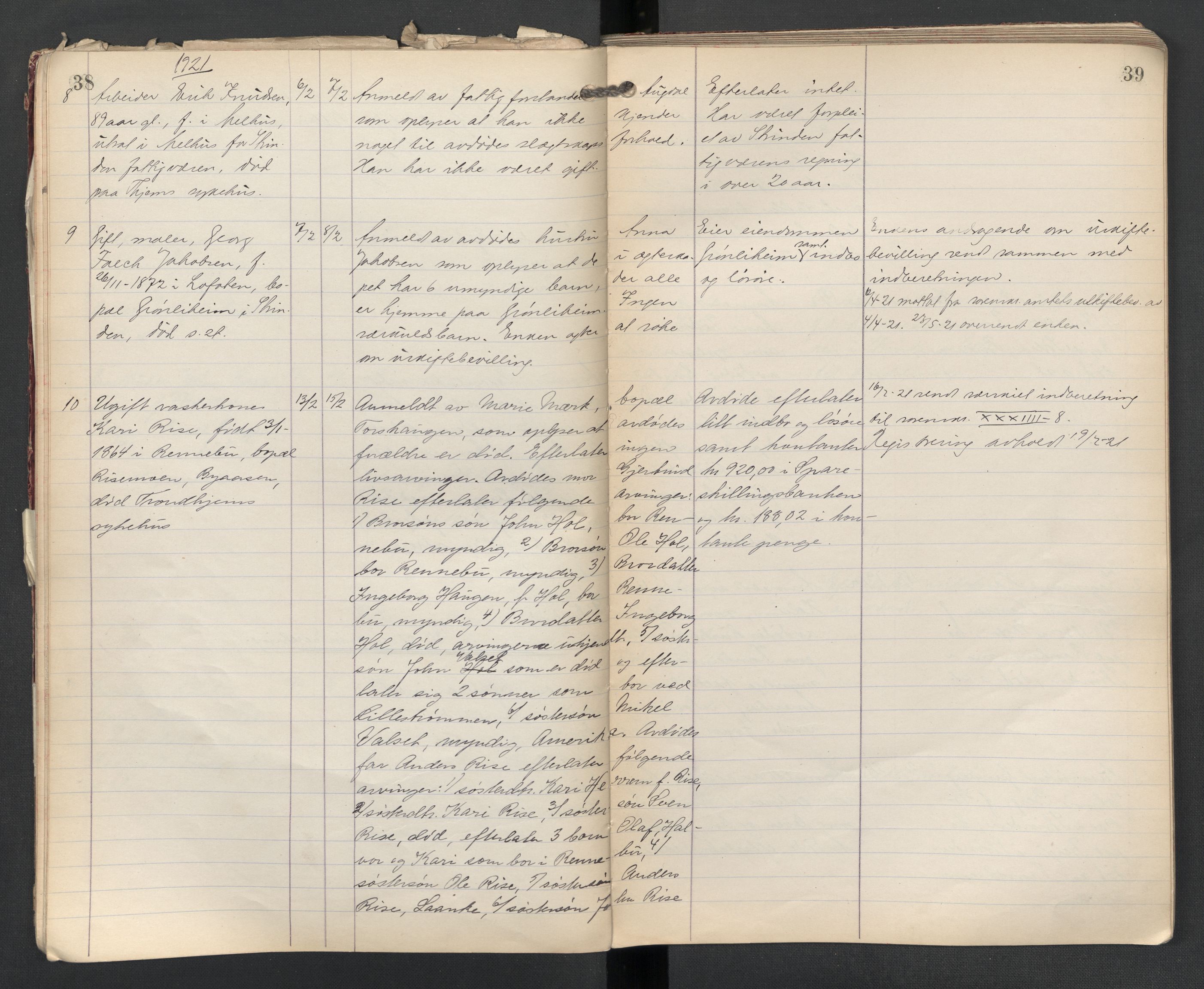 Strinda lensmannskontor, AV/SAT-A-1083/1/02/L0004: 2.01.04 Dødsfallsprotokoll, 1920-1925, p. 38-39