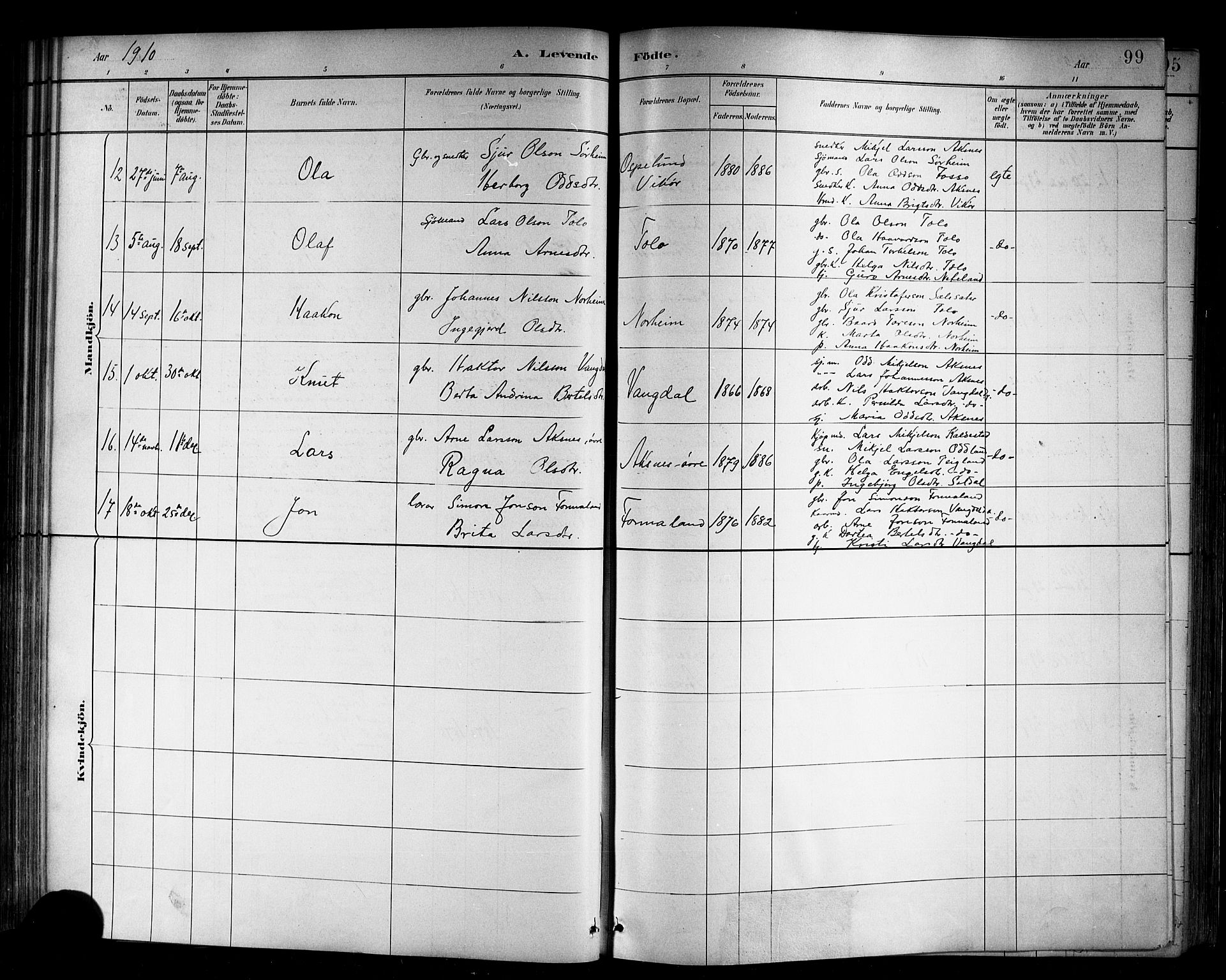 Kvam sokneprestembete, SAB/A-76201/H/Hab: Parish register (copy) no. B 3, 1884-1916, p. 99