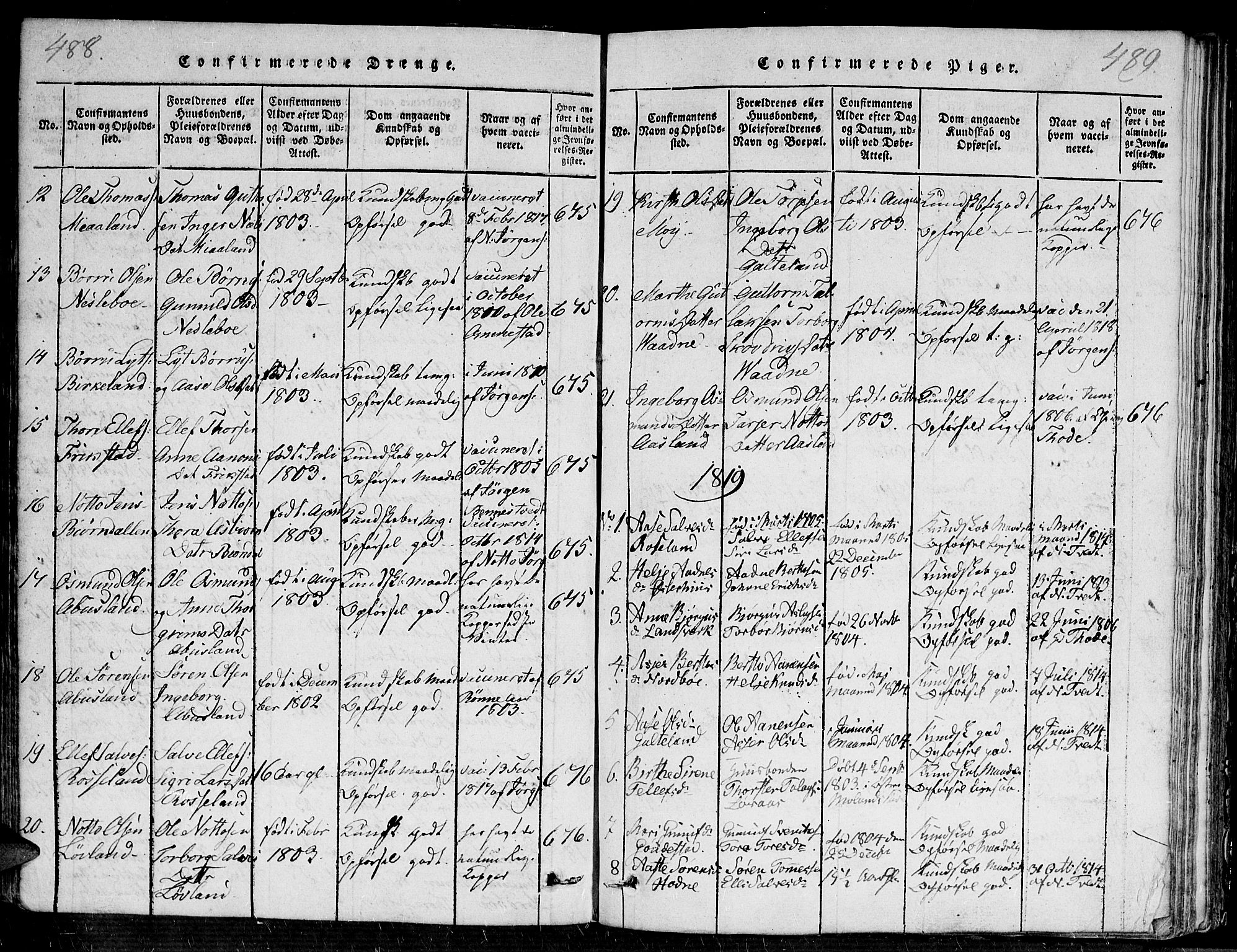 Evje sokneprestkontor, SAK/1111-0008/F/Fa/Faa/L0004: Parish register (official) no. A 4, 1816-1840, p. 488-489