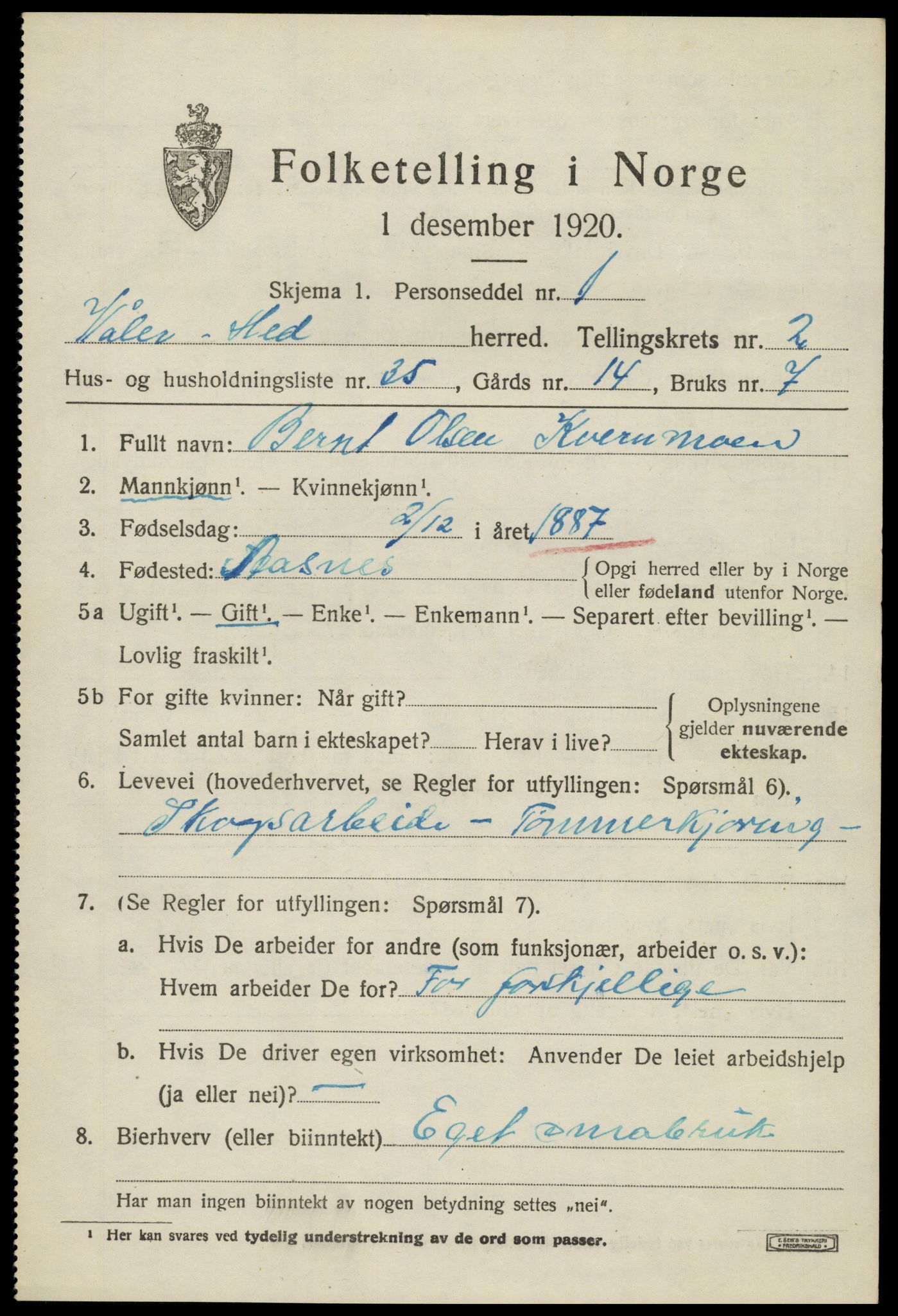 SAH, 1920 census for Våler (Hedmark), 1920, p. 2827