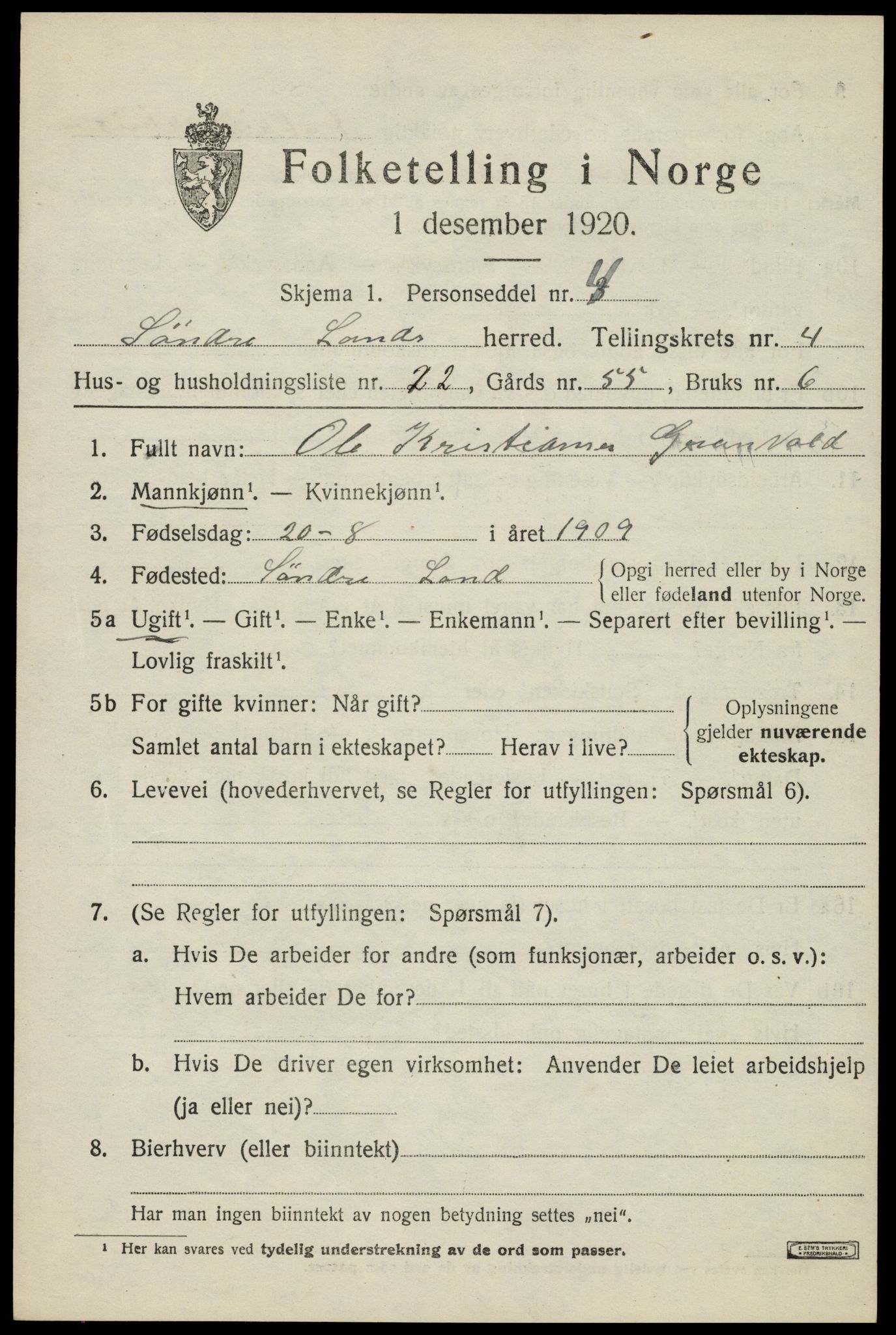 SAH, 1920 census for Søndre Land, 1920, p. 4965