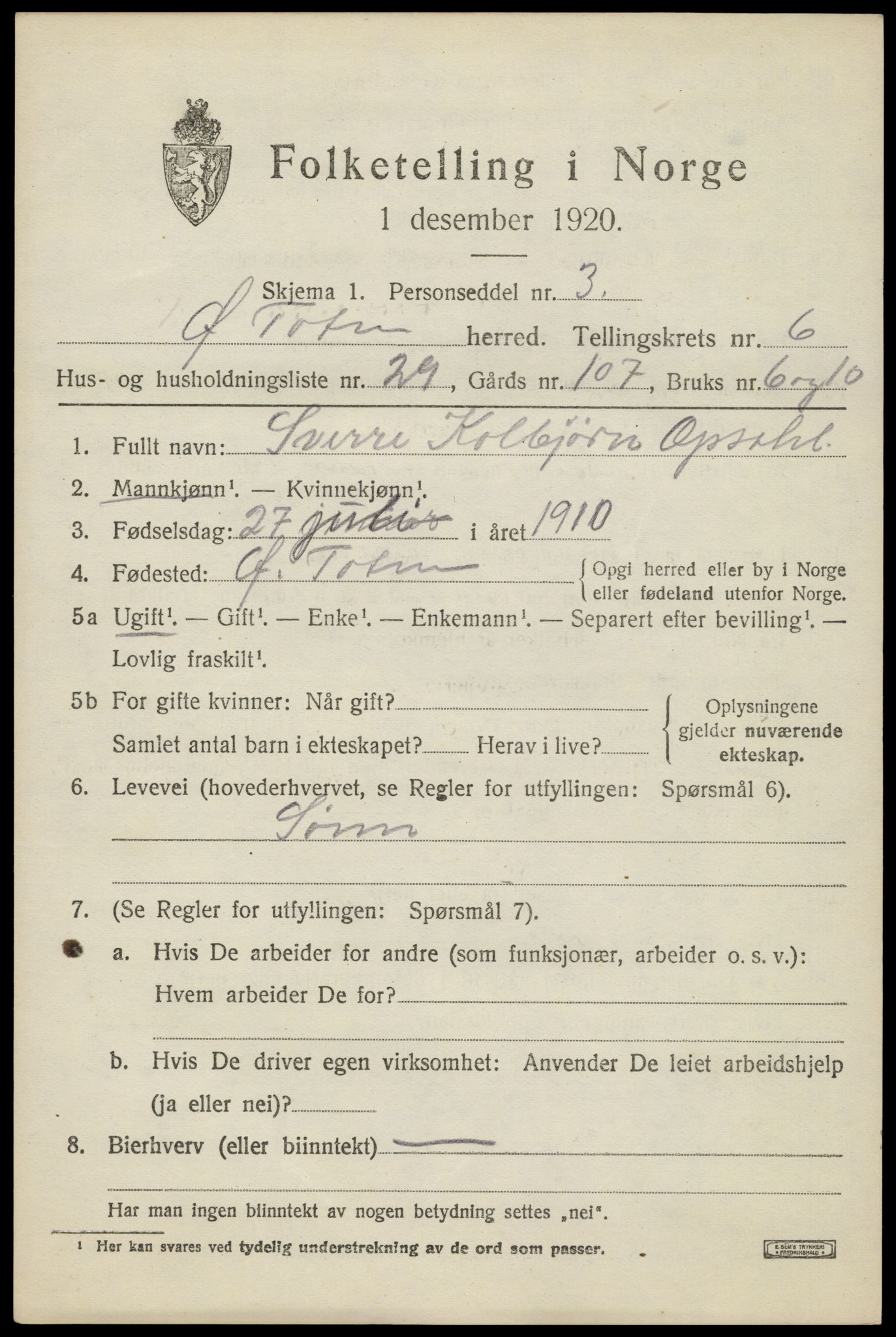 SAH, 1920 census for Østre Toten, 1920, p. 13446