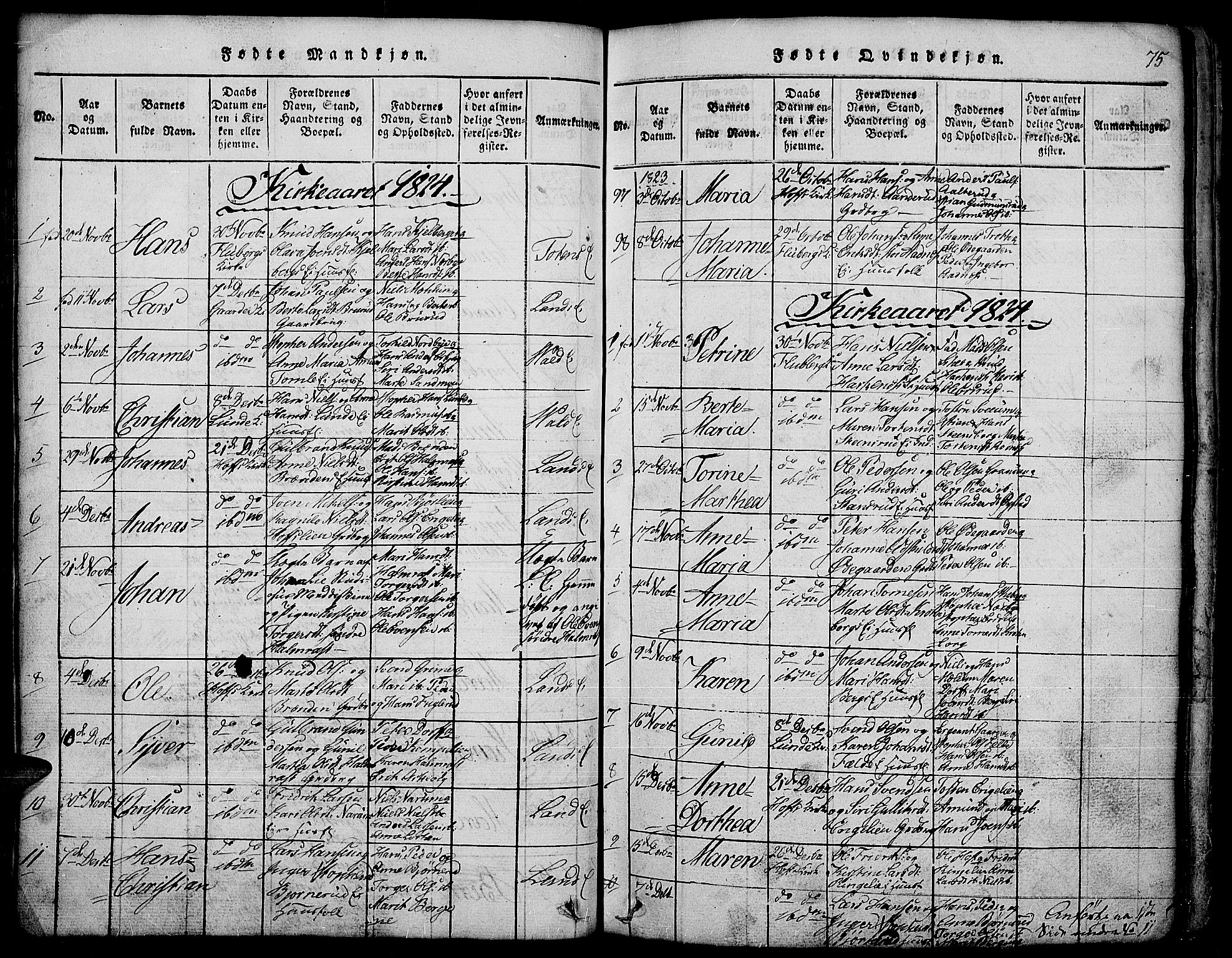 Land prestekontor, SAH/PREST-120/H/Ha/Hab/L0001: Parish register (copy) no. 1, 1814-1833, p. 75