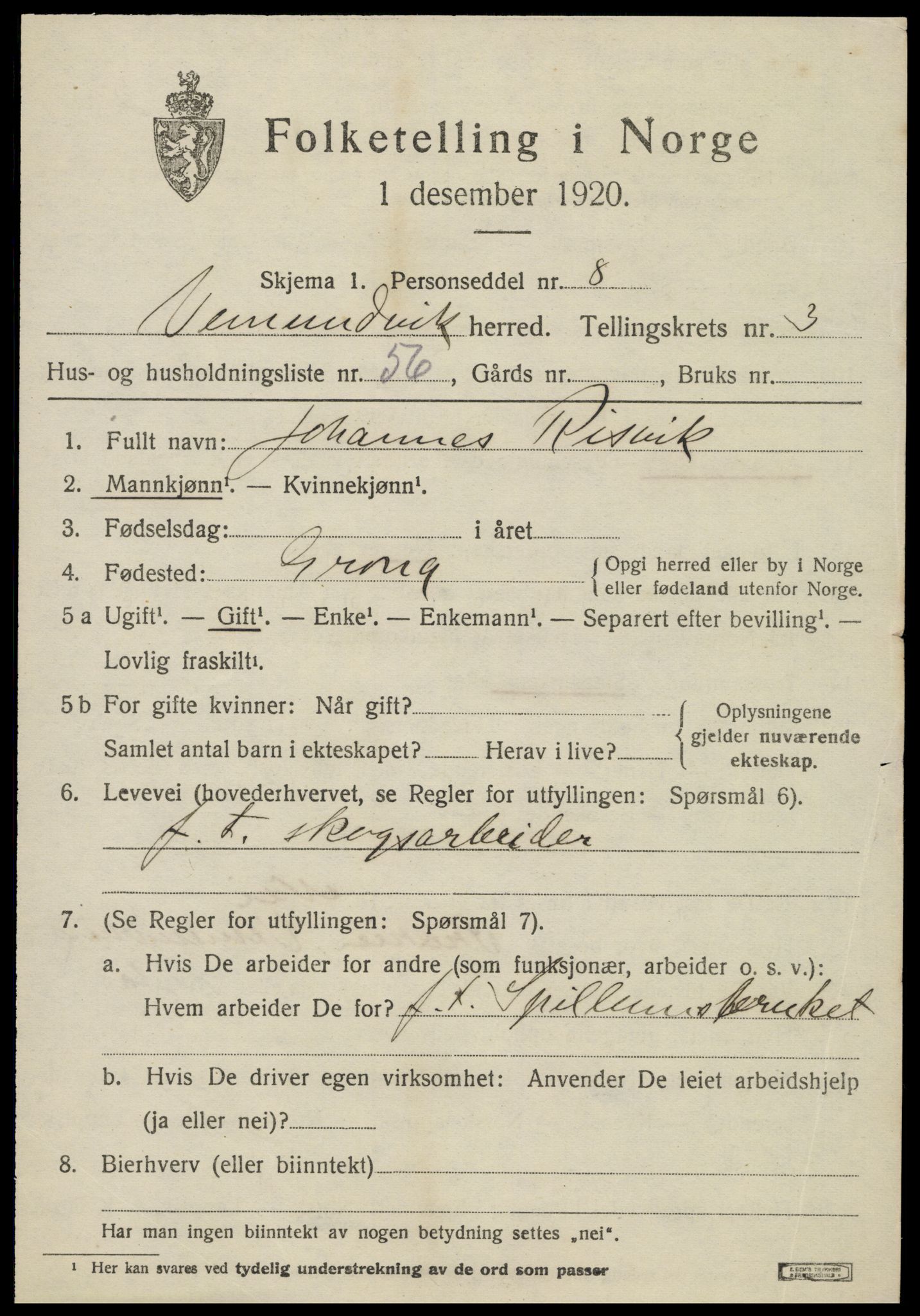 SAT, 1920 census for Vemundvik, 1920, p. 4213