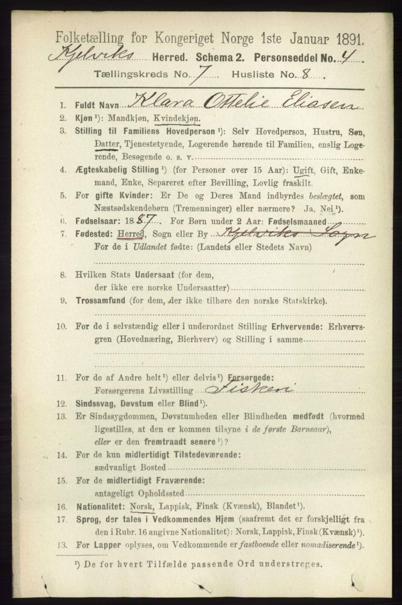 RA, 1891 census for 2019 Kjelvik, 1891, p. 949