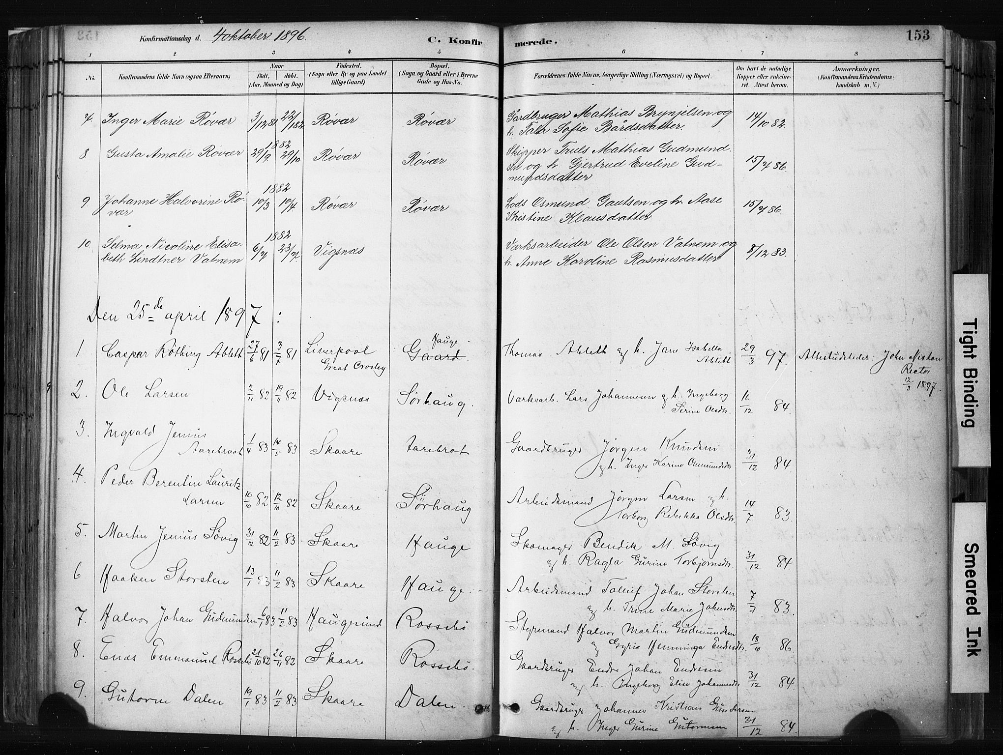 Haugesund sokneprestkontor, AV/SAST-A -101863/H/Ha/Haa/L0004: Parish register (official) no. A 4, 1886-1908, p. 153