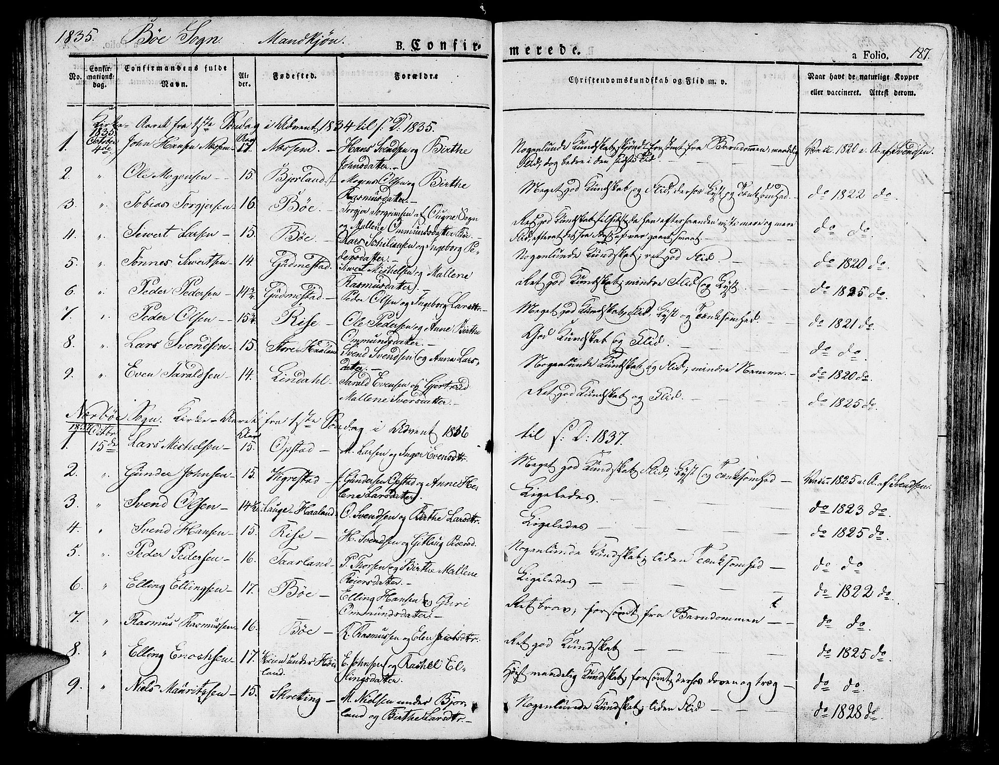 Hå sokneprestkontor, SAST/A-101801/001/30BA/L0004: Parish register (official) no. A 4.1 /1, 1826-1841, p. 187