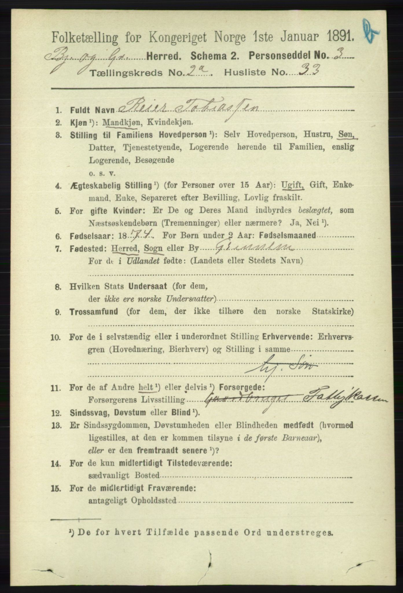 RA, 1891 census for 1024 Bjelland og Grindheim, 1891, p. 507