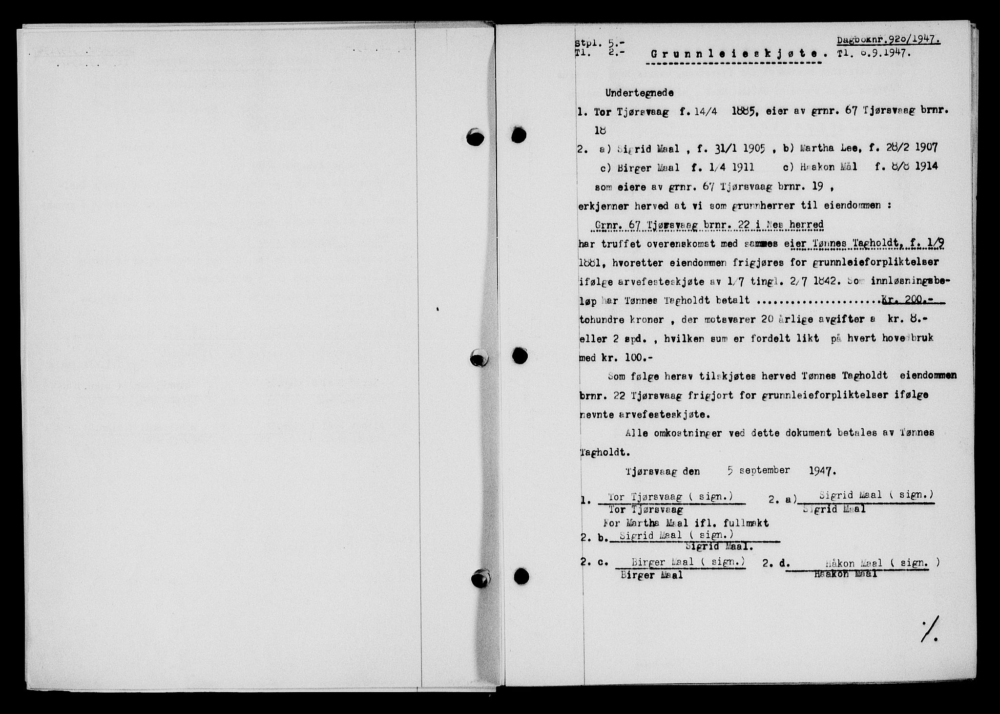 Flekkefjord sorenskriveri, SAK/1221-0001/G/Gb/Gba/L0062: Mortgage book no. A-10, 1947-1947, Diary no: : 920/1947