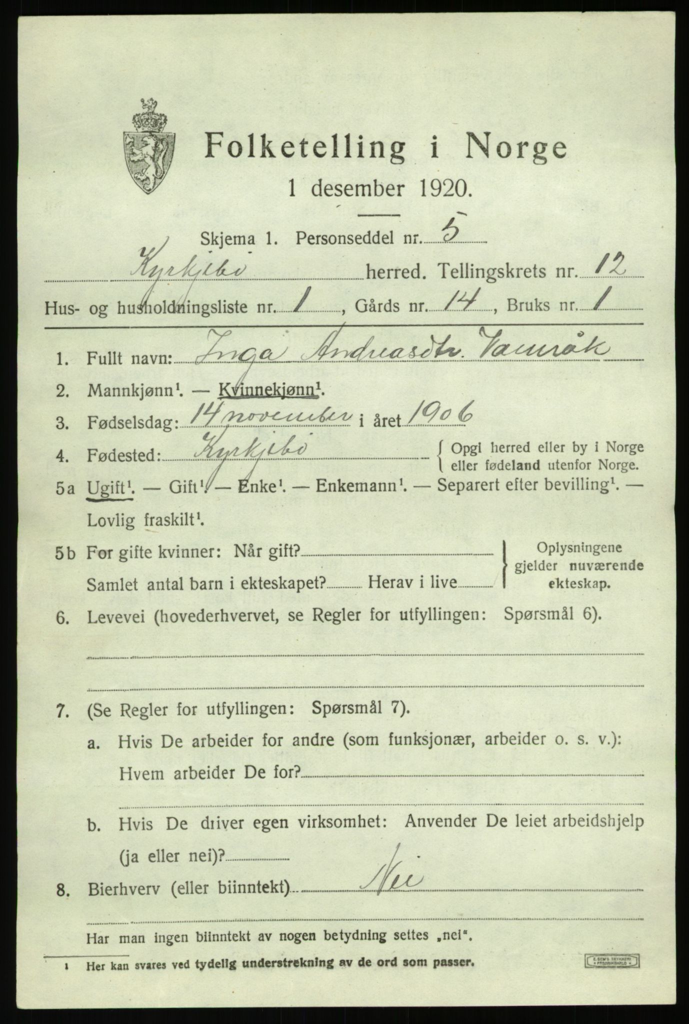 SAB, 1920 census for Kyrkjebø, 1920, p. 5865