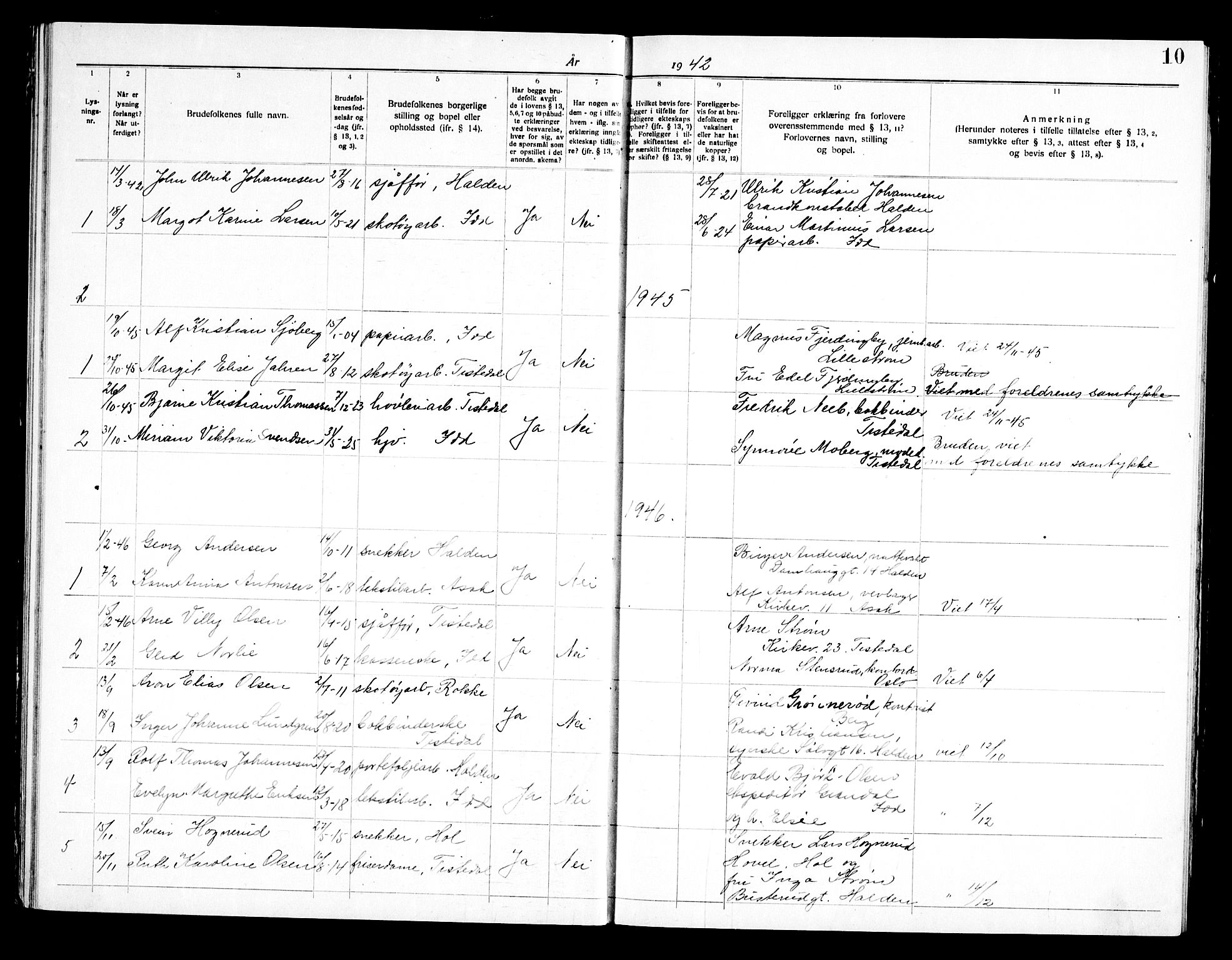 Halden prestekontor Kirkebøker, SAO/A-10909/H/Hb/L0001: Banns register no. II 1, 1919-1960, p. 10