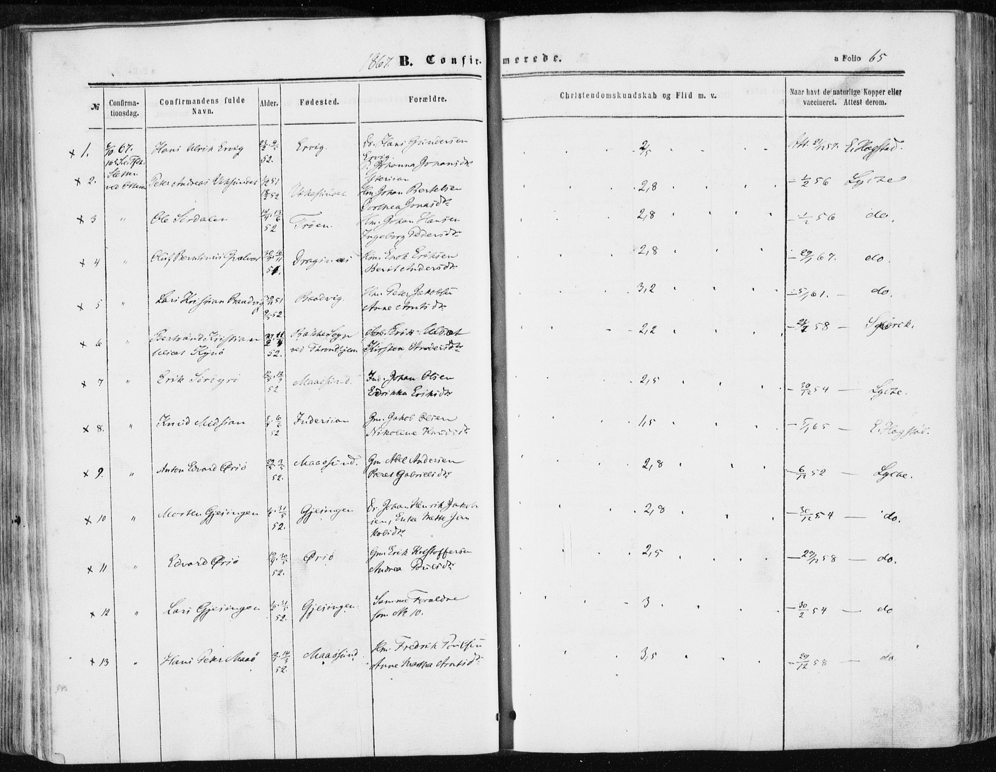 Ministerialprotokoller, klokkerbøker og fødselsregistre - Sør-Trøndelag, AV/SAT-A-1456/634/L0531: Parish register (official) no. 634A07, 1861-1870, p. 65