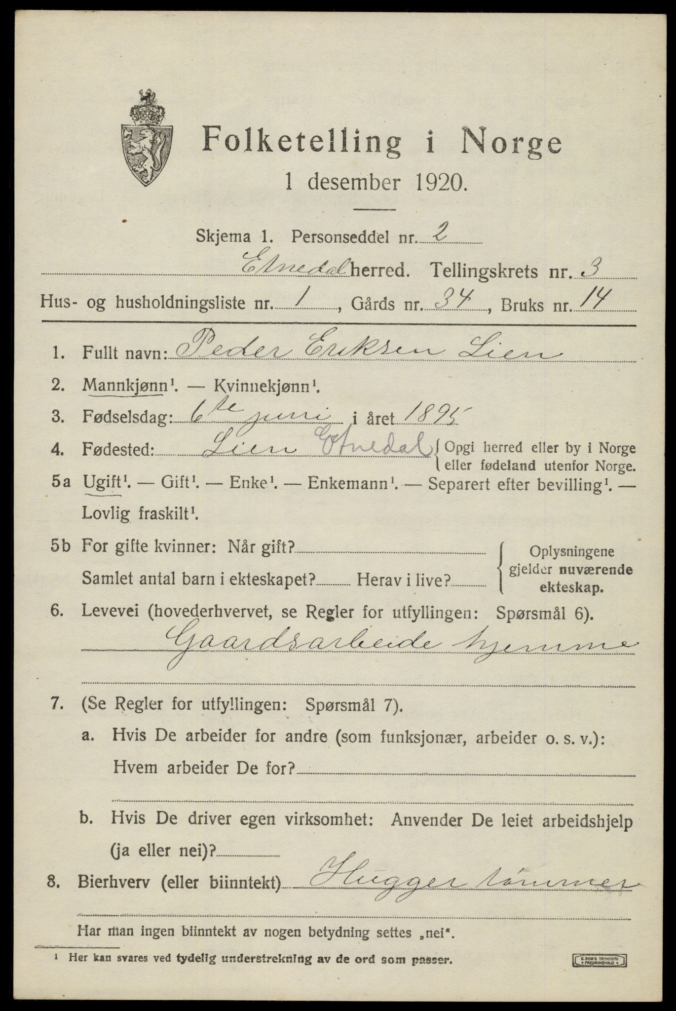 SAH, 1920 census for Etnedal, 1920, p. 1320