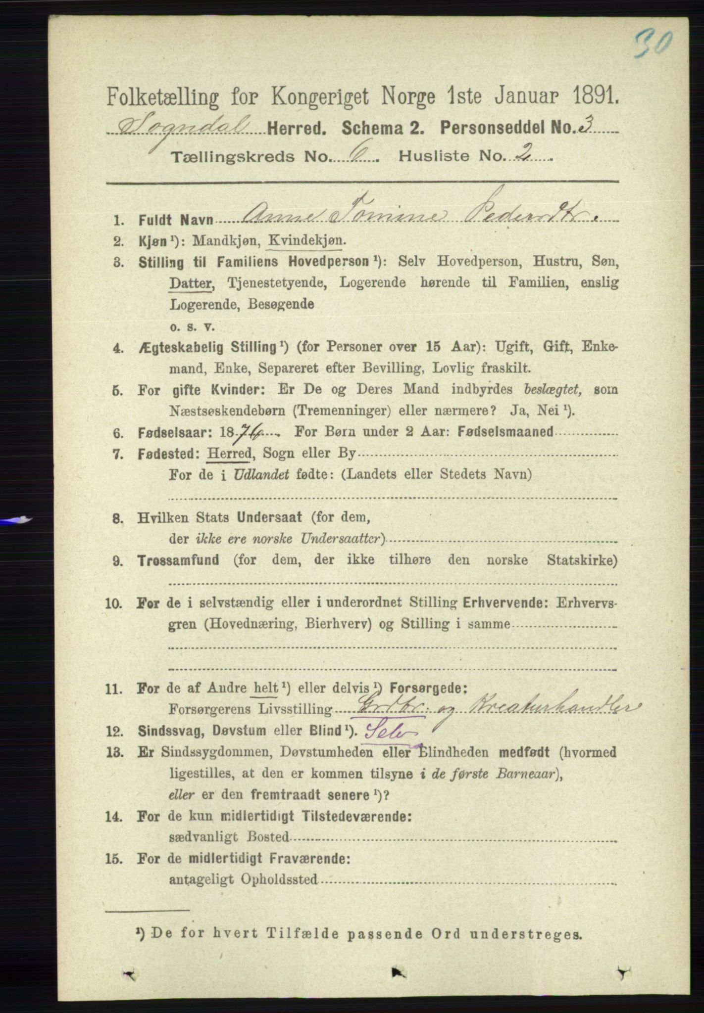 RA, 1891 census for 1111 Sokndal, 1891, p. 1648