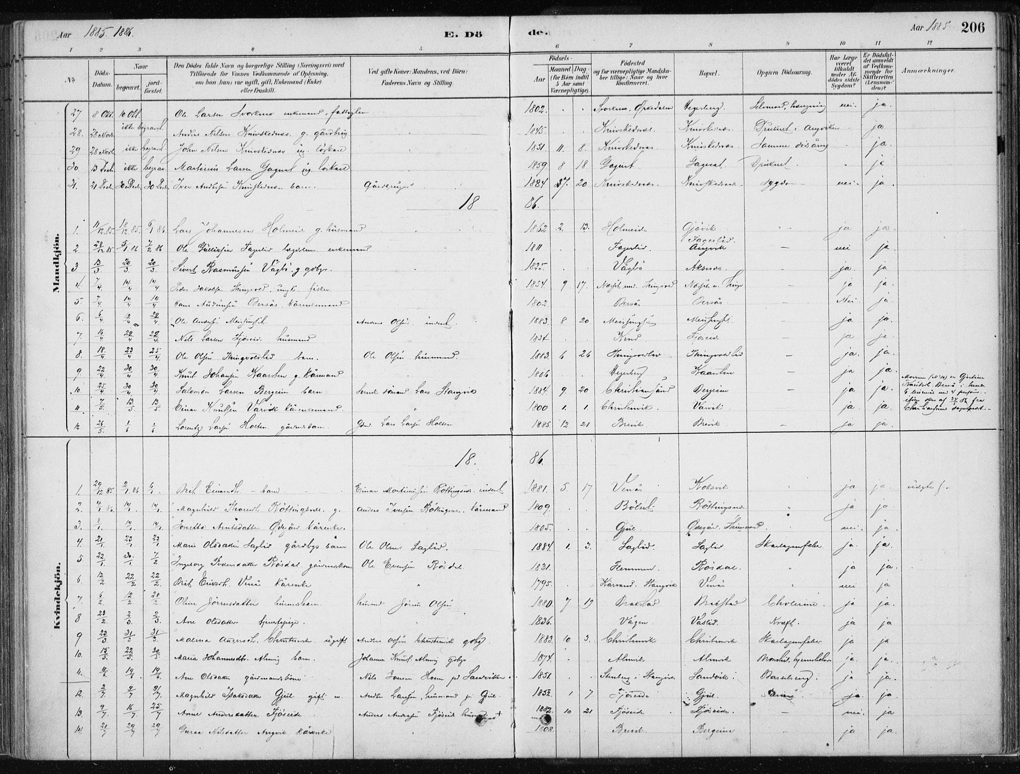 Ministerialprotokoller, klokkerbøker og fødselsregistre - Møre og Romsdal, SAT/A-1454/586/L0987: Parish register (official) no. 586A13, 1879-1892, p. 206
