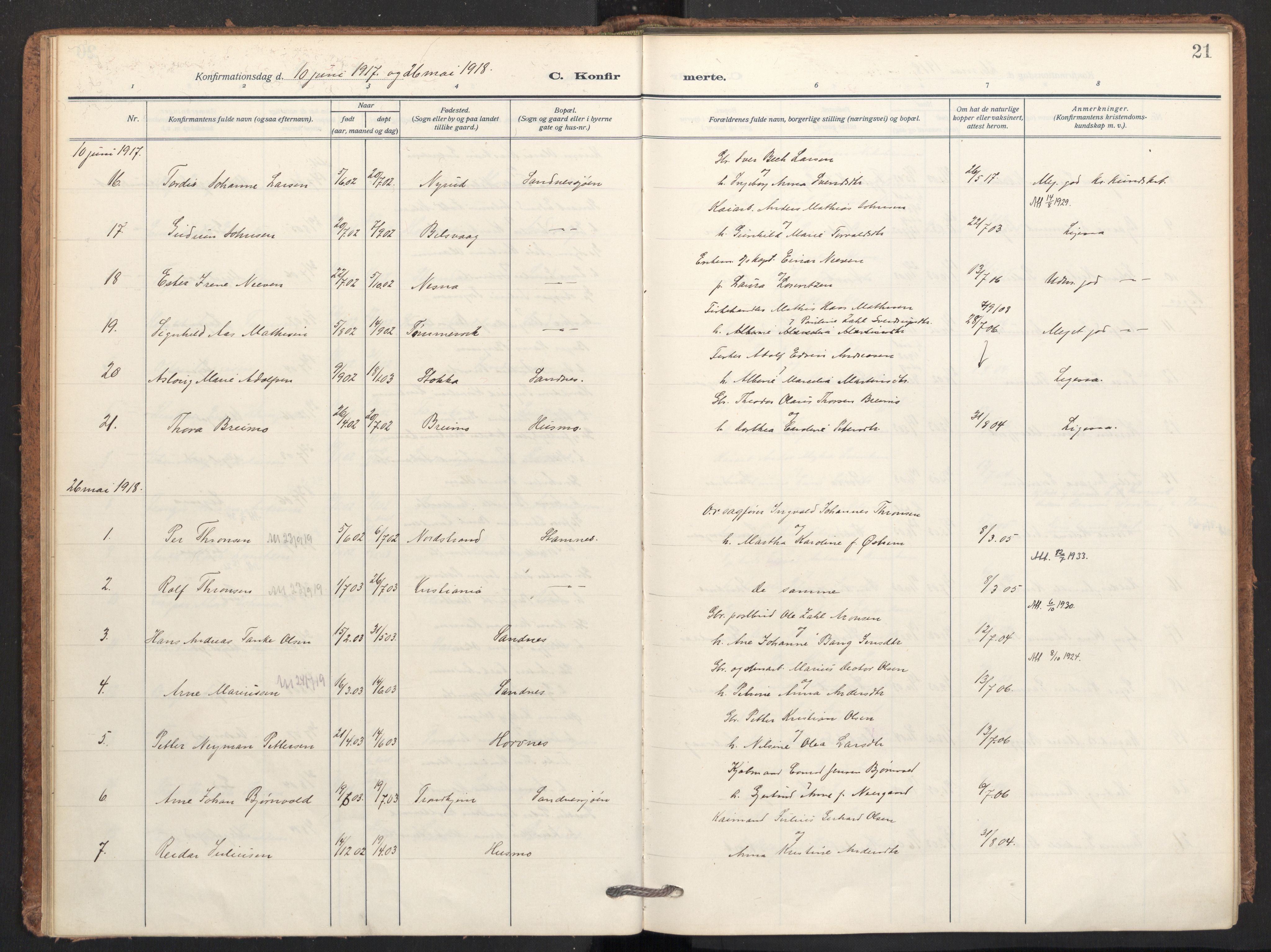 Ministerialprotokoller, klokkerbøker og fødselsregistre - Nordland, AV/SAT-A-1459/831/L0473: Parish register (official) no. 831A04, 1909-1934, p. 21