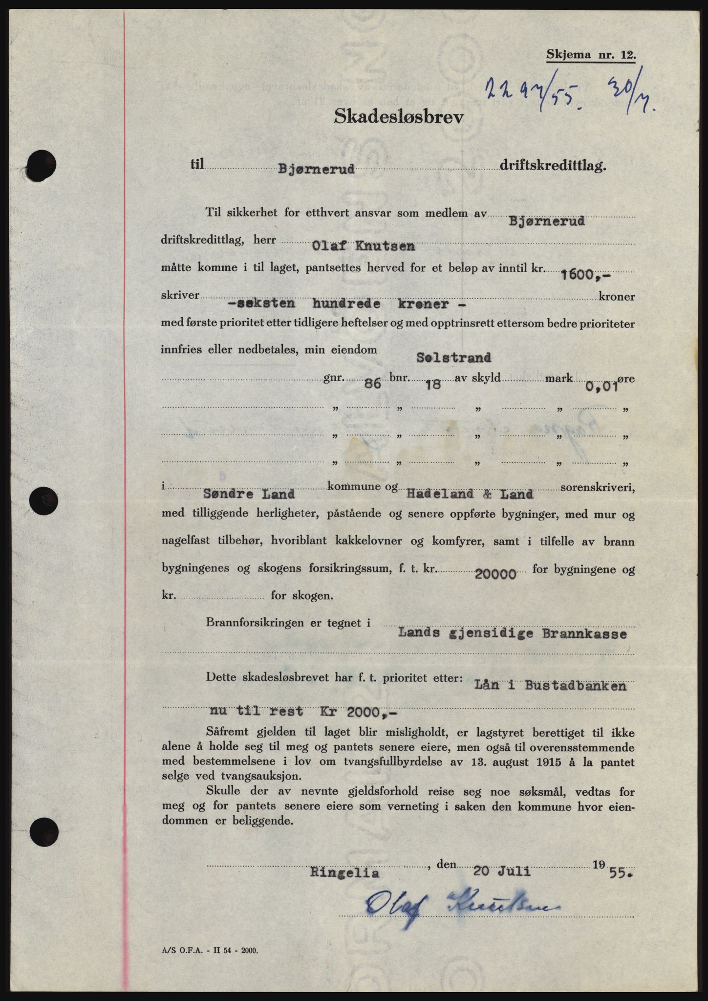 Hadeland og Land tingrett, SAH/TING-010/H/Hb/Hbc/L0032: Mortgage book no. B32, 1955-1955, Diary no: : 2297/1955