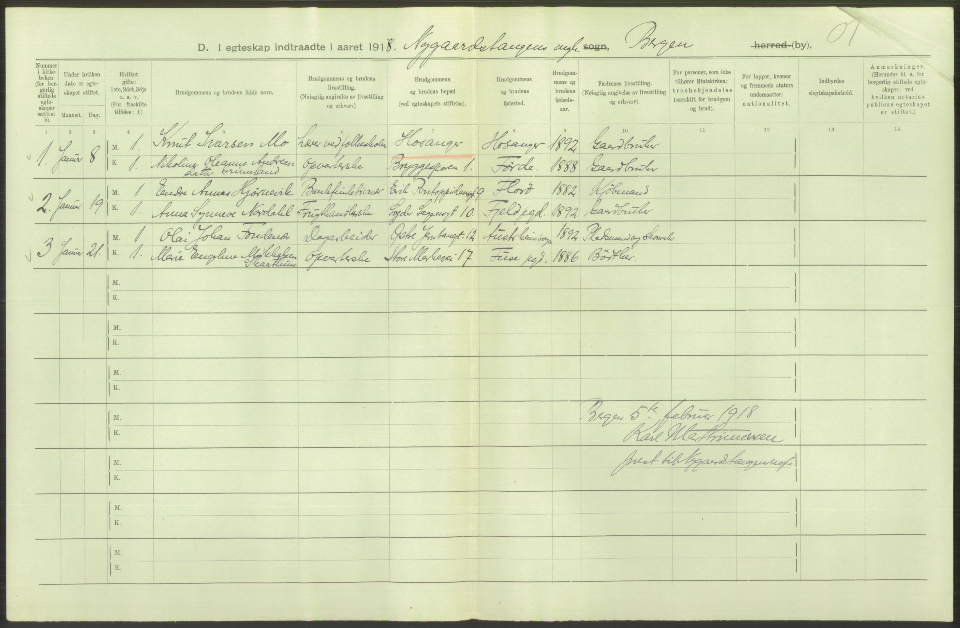 Statistisk sentralbyrå, Sosiodemografiske emner, Befolkning, AV/RA-S-2228/D/Df/Dfb/Dfbh/L0038: Bergen: Gifte, dødfødte., 1918, p. 4